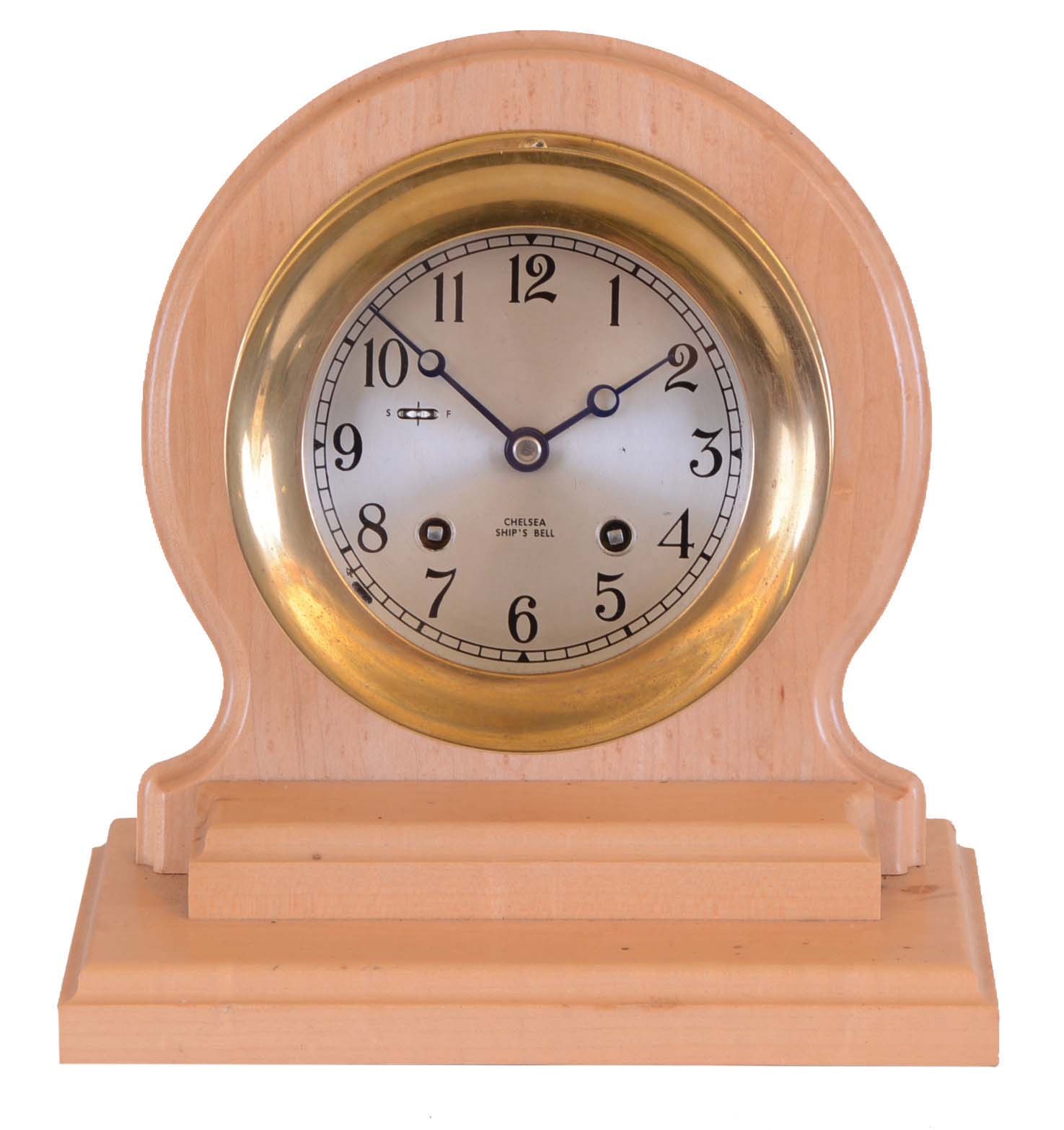 Chelsea Clock Co., Boston, Mass., 8 day, spring brass movement ship's bell clock mounted on a birdseye maple stand made by a Mr. Hulseberg. Serial No. 843259, 1982. — Antique Clocks Price Guide