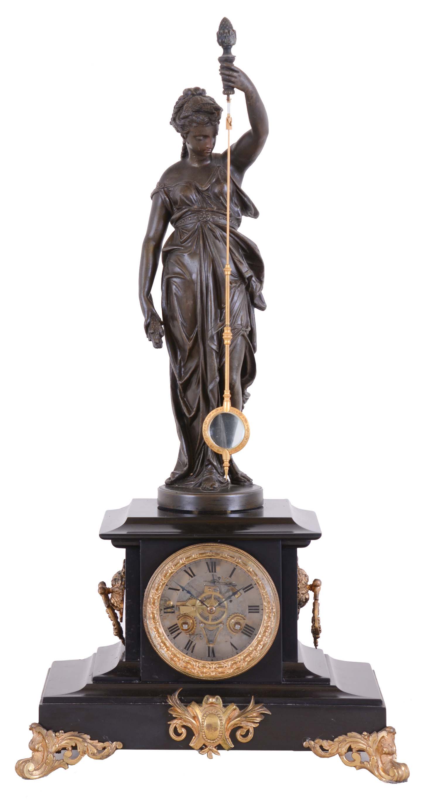 Guilmet, France, mystery clock, black slate case with molded base, foliate side ornaments with lyre form handles, on scroll feet with foliate ornament, surmounted by a patinated female figure, her left hand held aloft, and suspending the pendulum, impulsed through the nearly imperceptible movement of the base on which the she stands, Roman numeral glass dial, blued steel distaff hands, 8 day time and strike movement with crank and stirrup escapement, front plate nickel plated, and with well finished brass and steel work, the back plate with Guilmets mark and numbered 4283 — Antique Clocks Price Guide