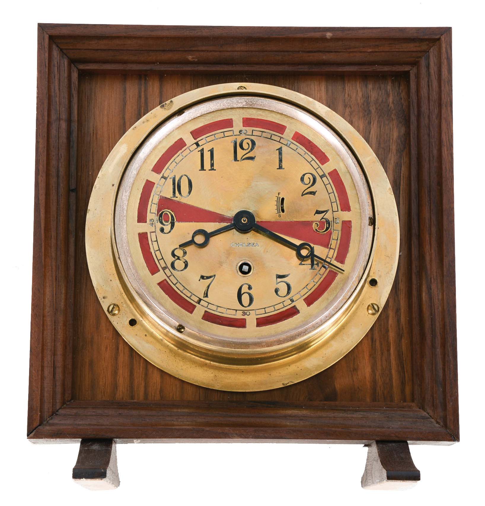Chelsea Clock Co., Boston, Mass., 8 day, time only, spring driven movement radio room clock on stand — Antique Clocks Price Guide