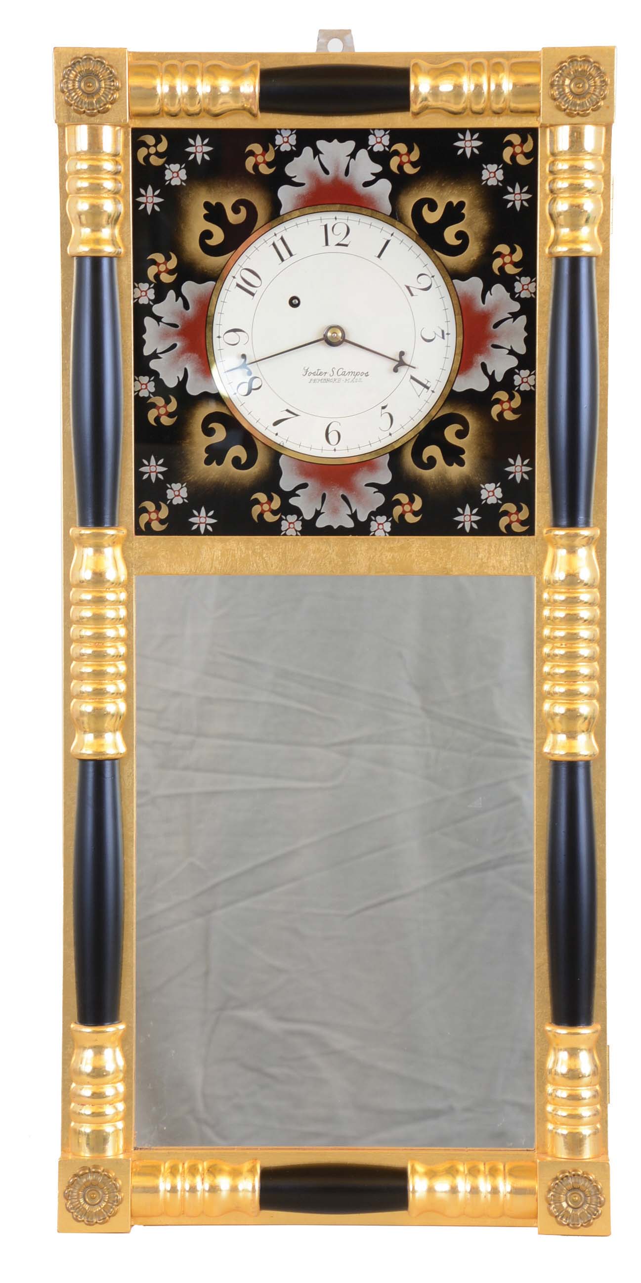 Foster Campos, Pembroke, Mass., copy of an 8 day, weight brass movement New Hampshire mirror clock. Case is stamped "3". — Antique Clocks Price Guide