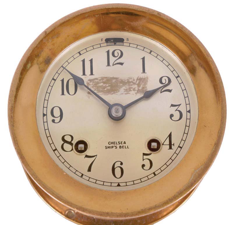 Chelsea Clock Co., Boston, Mass., 8 day, time and ship's bell strike spring brass movement wall clock. Serial No. 506988, 1947 — Antique Clocks Price Guide