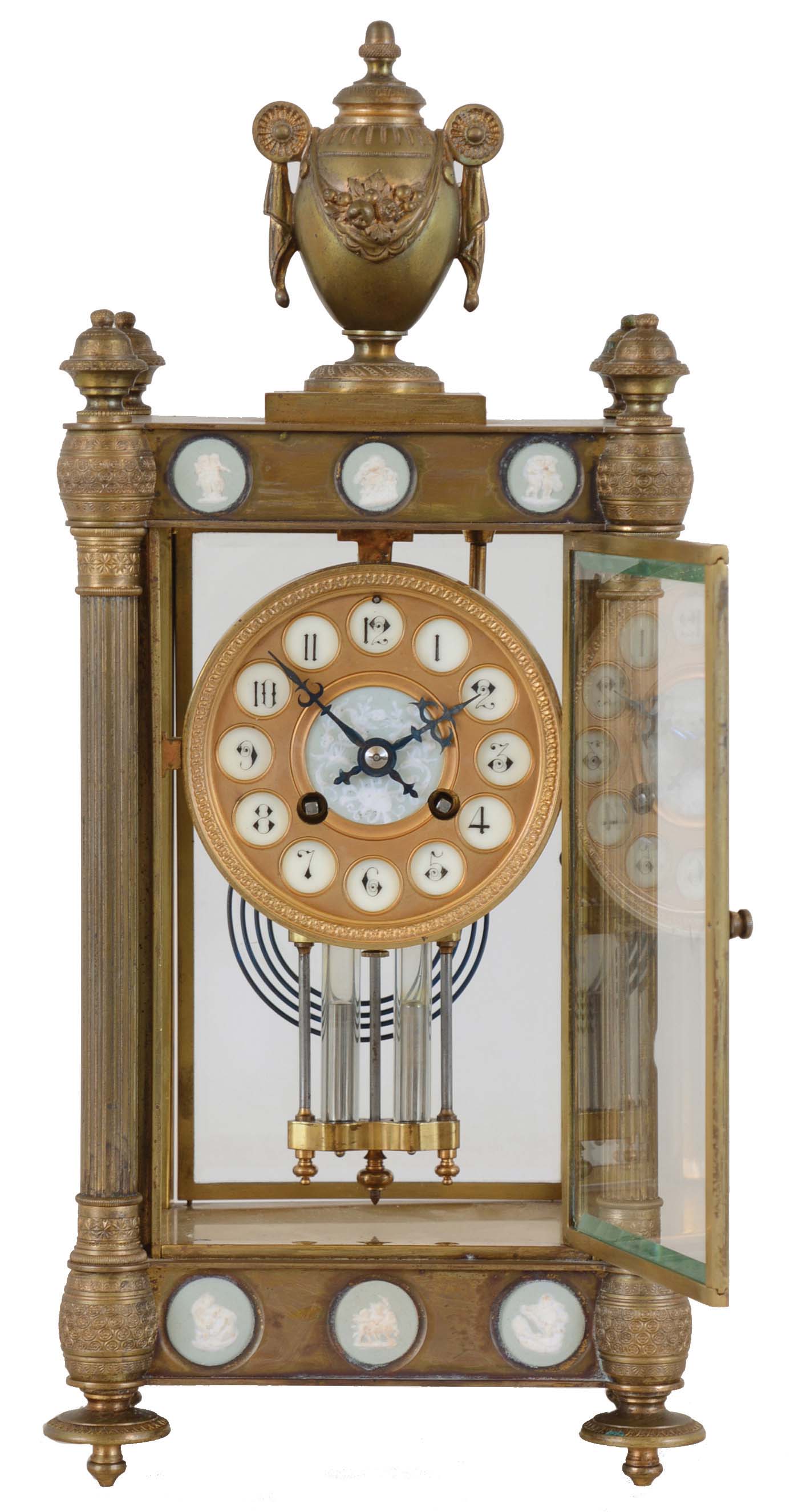 French, Marti &amp; Cie, 8 day, time and strike spring brass movement crystal regulator with small wedgewood panels in the top and base. — Antique Clocks Price Guide