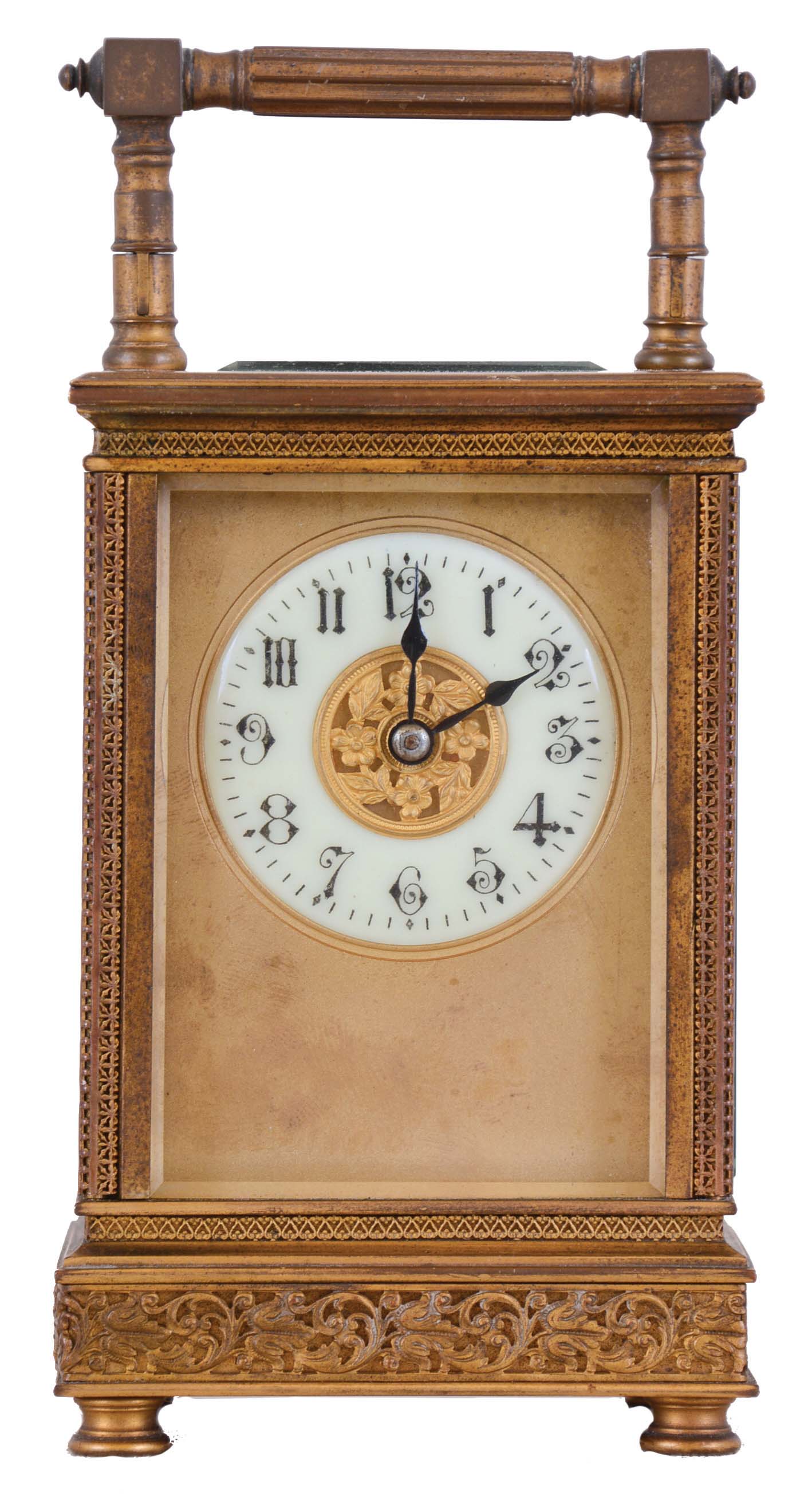 France, carriage clock, gilt case decorated with pierced frets of various design, Arabic numeral white enamel dial with gilt mask, blued steel hands, 8 day time and strike movement with lever platform — Antique Clocks Price Guide