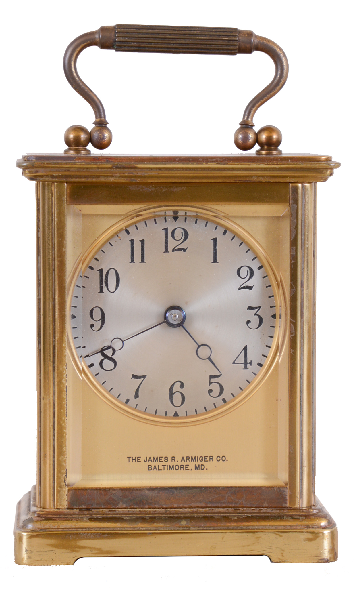 Chelsea Clock Co., Boston, Mass., for the James R. Armiger Co., Baltimore, Md., carriage clock, Corniche style case with engraved memorial inscription, beveled glasses, Arabic numeral silvered dial, blued steel Breguet style hands, 8 day timepiece movement with lever escapement, — Antique Clocks Price Guide