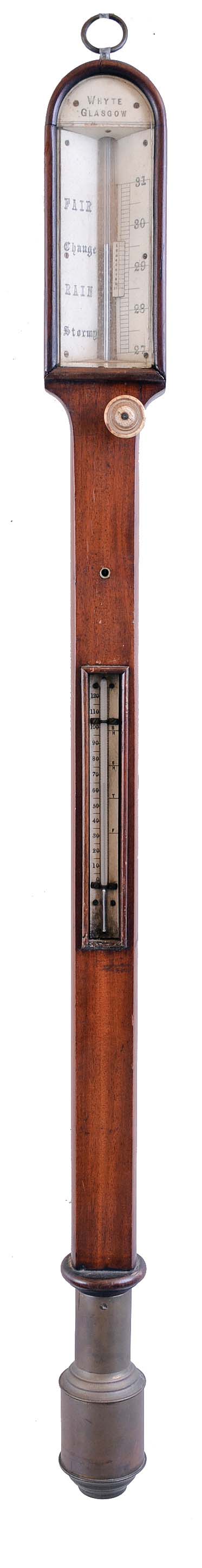 Whyte, Glasgow, Scotland gimballed marine mercury stick barometer with thermometer inset in midle of mahogany case — Antique Clocks Price Guide