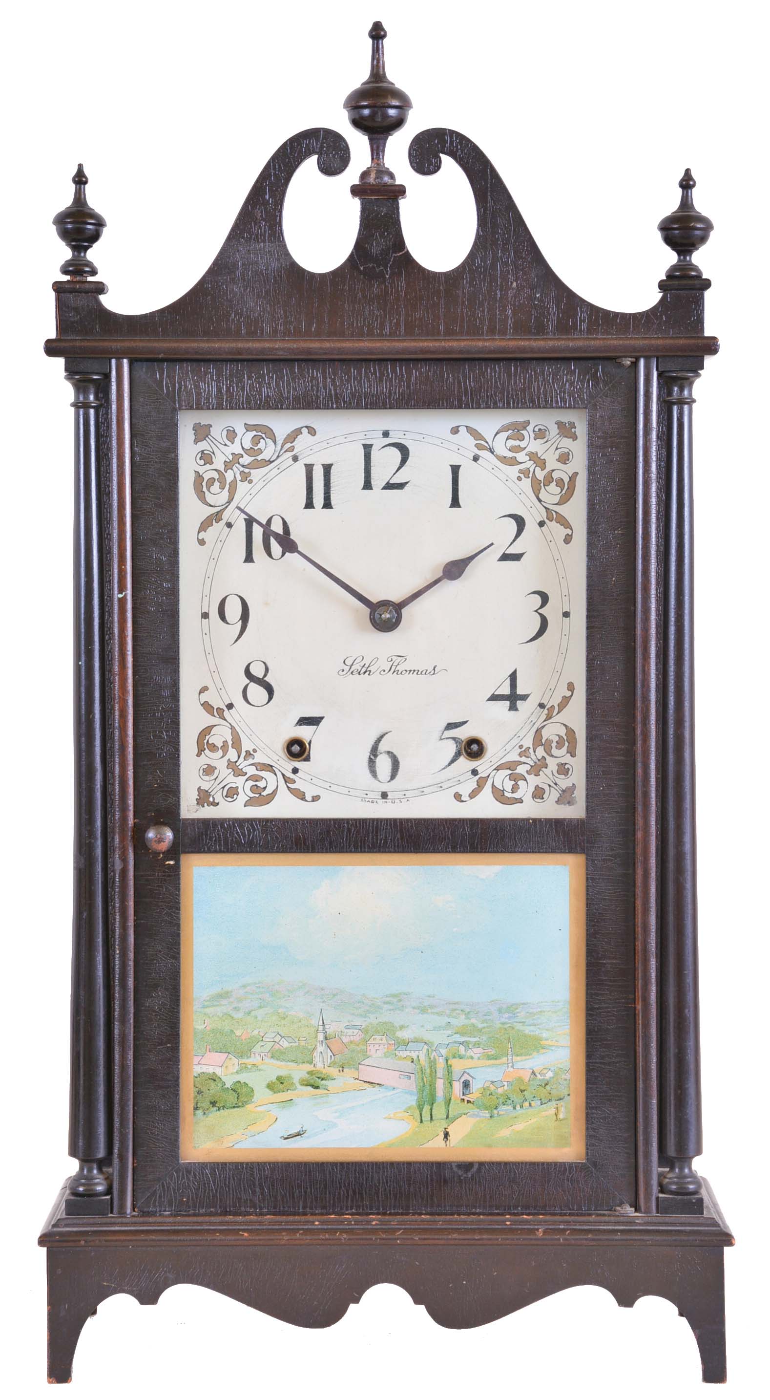 Seth Thomas Clock Co., Thomaston, Conn., "Plymouth" model, 8 day, time and strike spring brass movement Pillar &amp; Scroll mantel clock. — Antique Clocks Price Guide