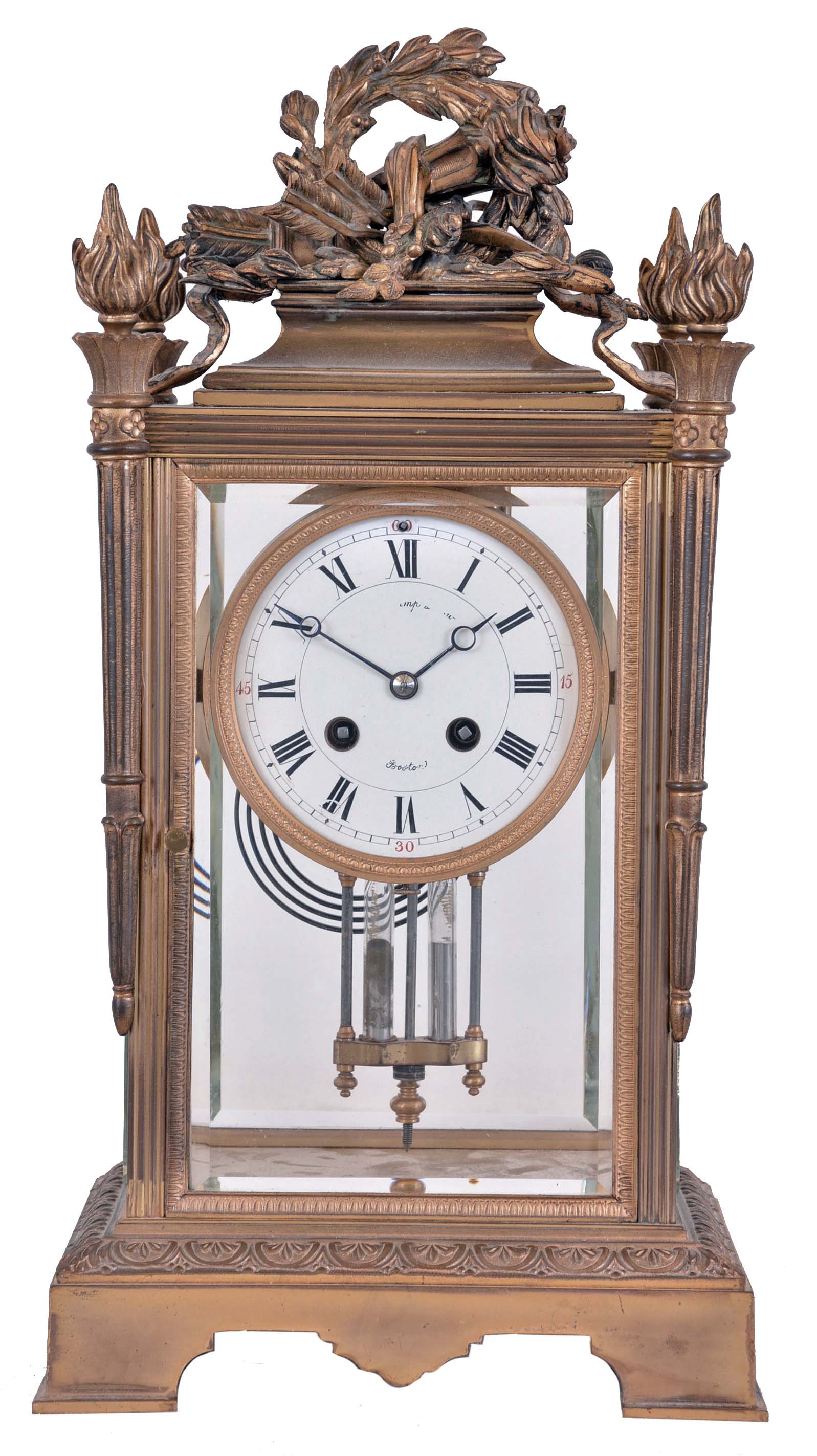 France, for Shreve, Crump &amp; Low, Boston, crystal regulator with gilt bronze case, the base with foliate ornamented molding, the four corners mounted with torches, and the top surmounted by a trophy incorporating a bow, arrows, quiver, and torch, all encircled by a laurel wreath, Roman numeral white enamel dial, blued steel Breguet style hands, and 8 day, time and strike pendule de Paris movement with 2 vial mercury pendulum — Antique Clocks Price Guide