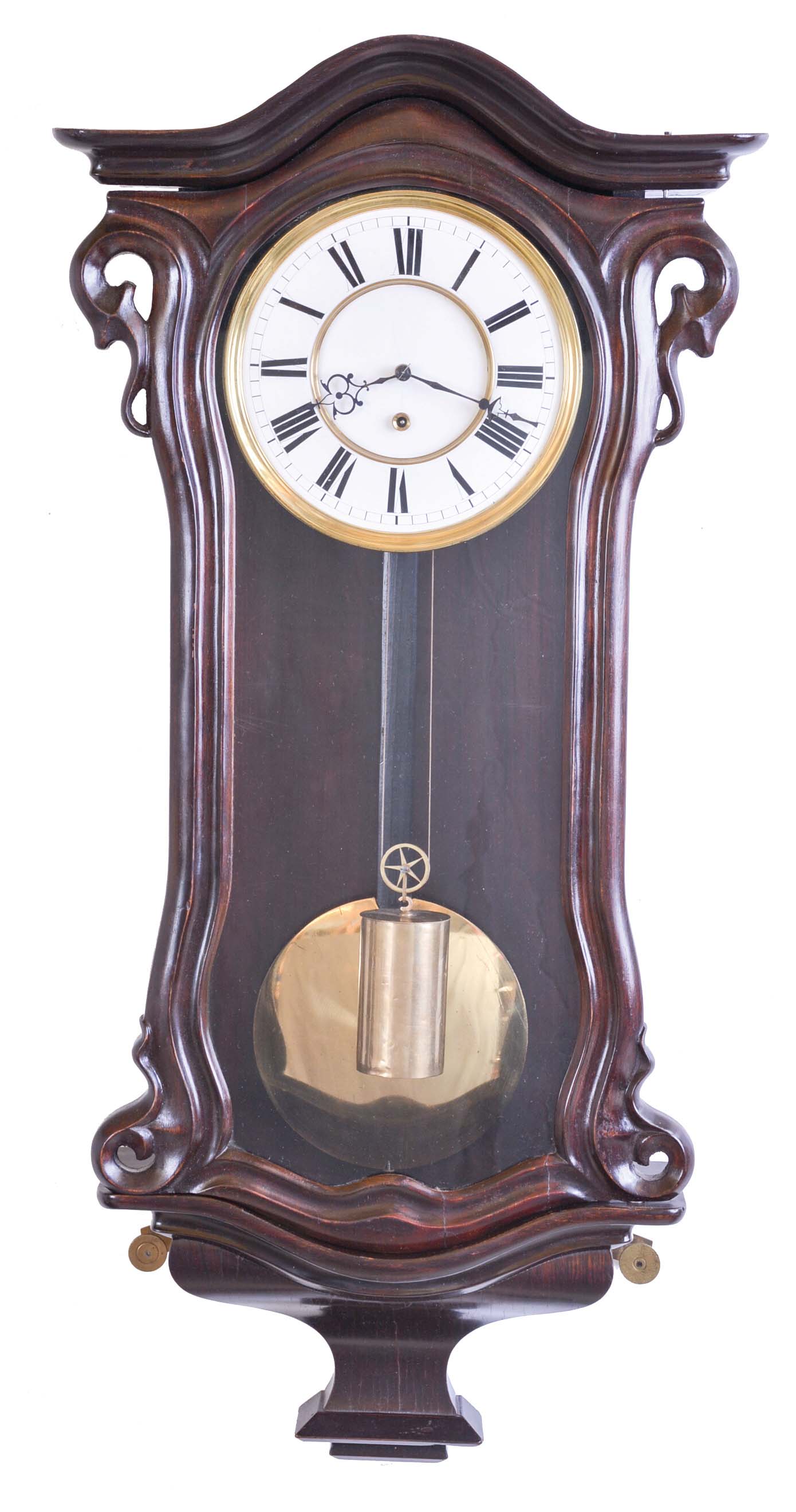 Germany, unsigned Vienna regulator style wall clock, 8 day, time only, weight driven movement in a serpentine style ebonized case with white enamel two part dial. — Antique Clocks Price Guide