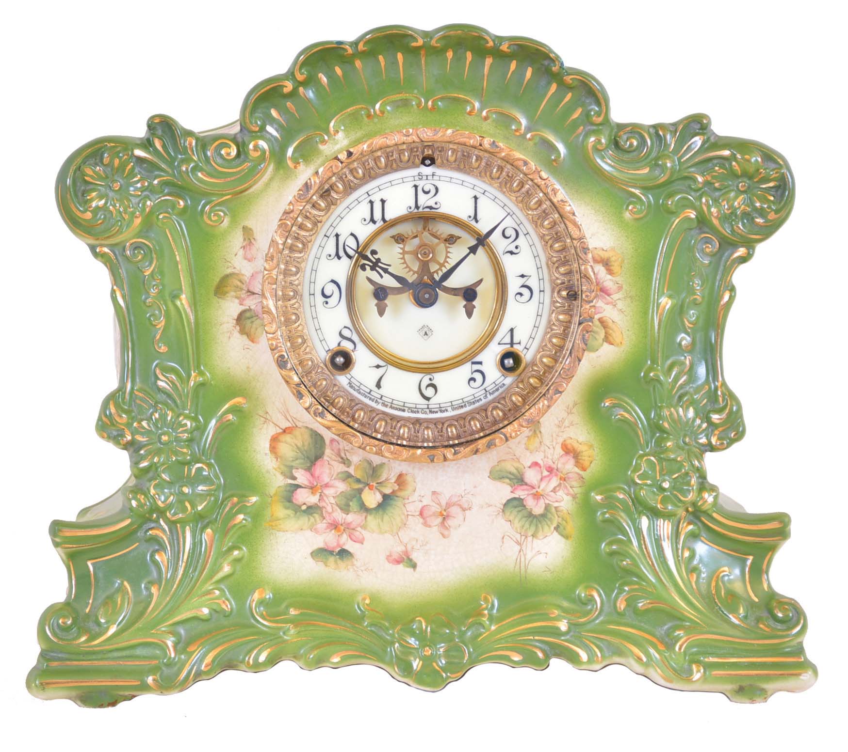 Ansonia Clock Co., New York, NY, "Romance", 8 day, time and strike spring brass movement porcelain mantel clock. — Antique Clocks Price Guide