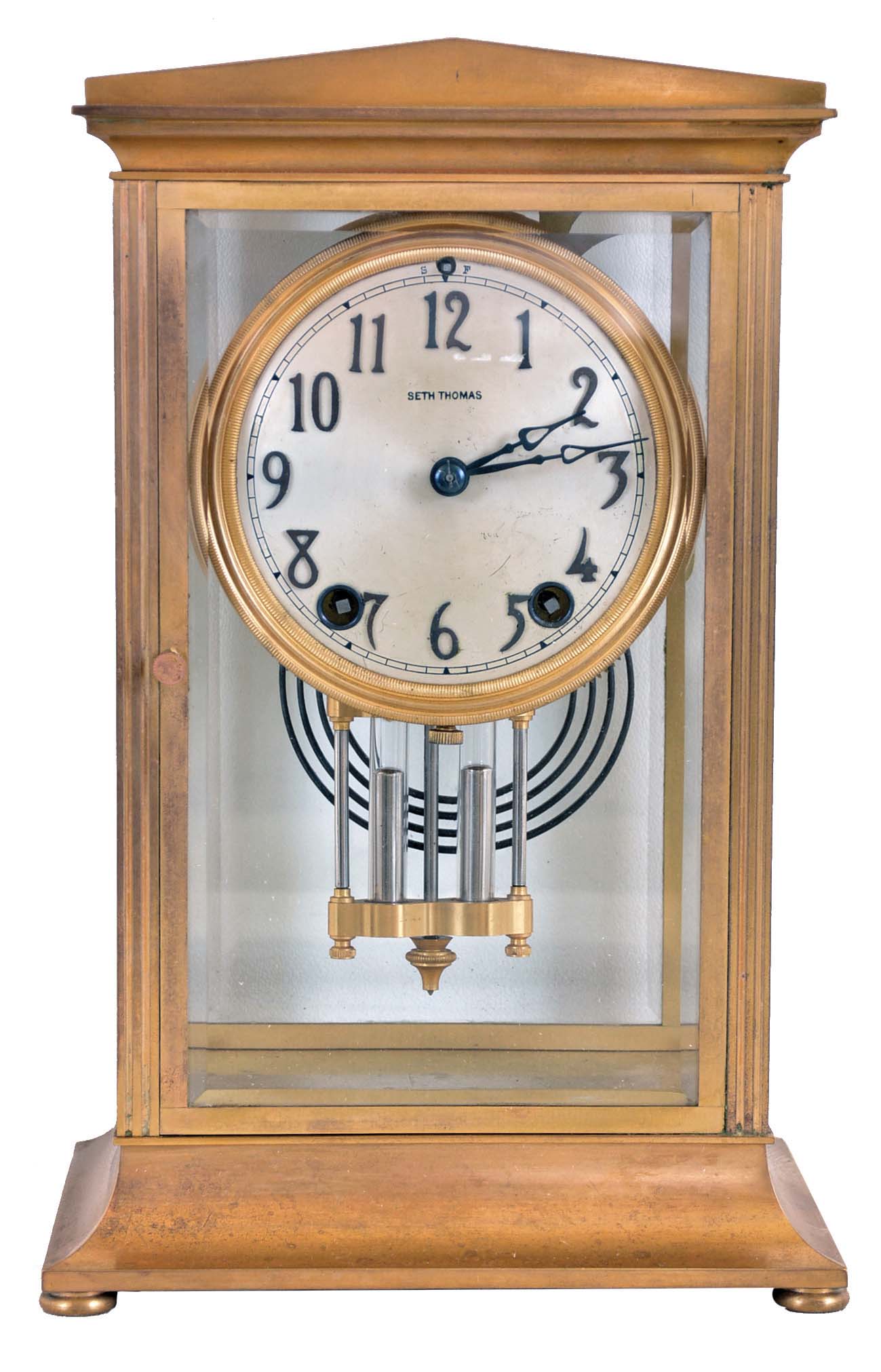 Seth Thomas Clock Co., Thomaston, Conn., "Empire No. 23", 8 day, time and strike spring brass movement crystal regulator. — Antique Clocks Price Guide