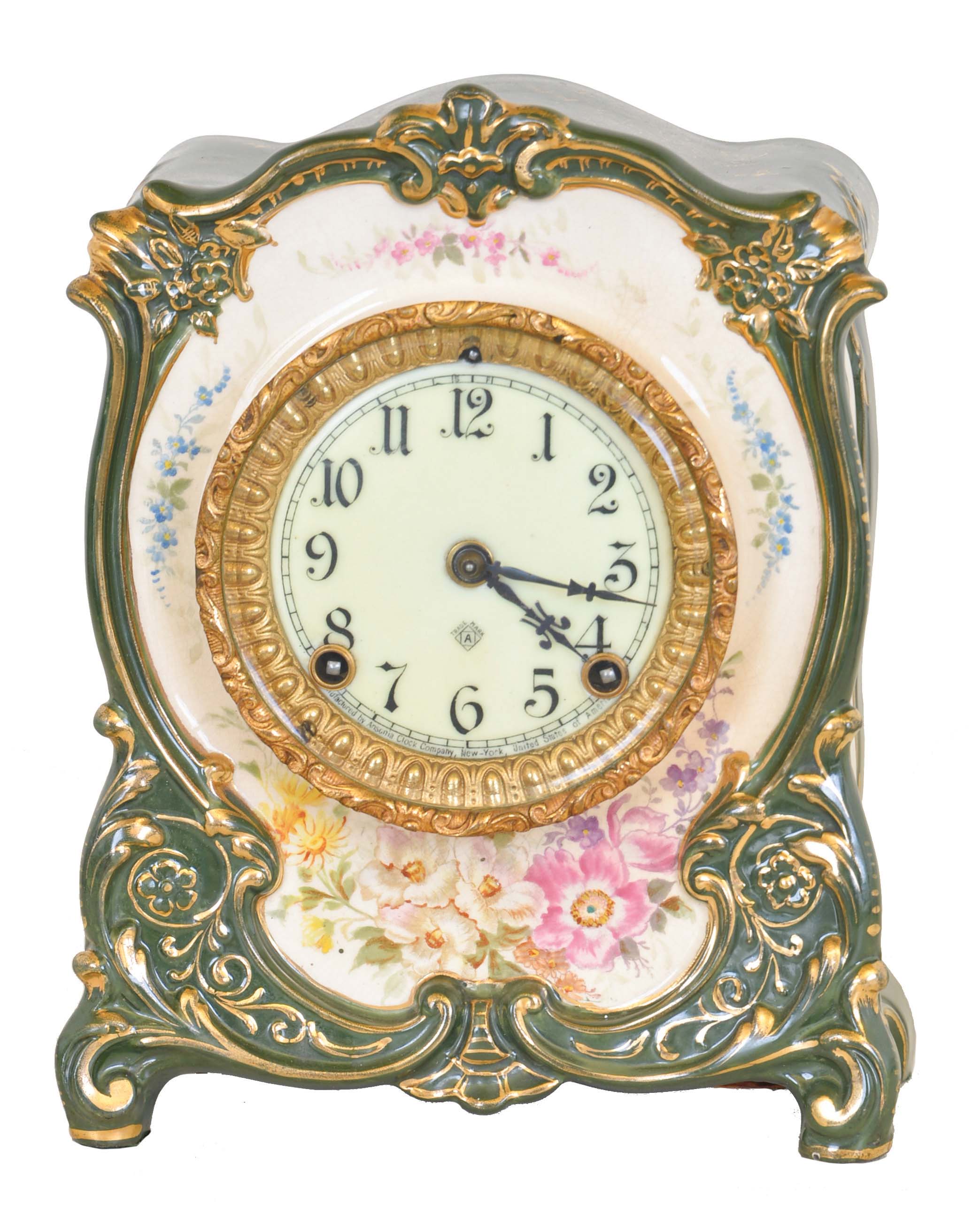 Ansonia Clock Co., New York, NY, "La Grace", 8 day, time and strike spring brass movement porcelain mantel clock. — Antique Clocks Price Guide