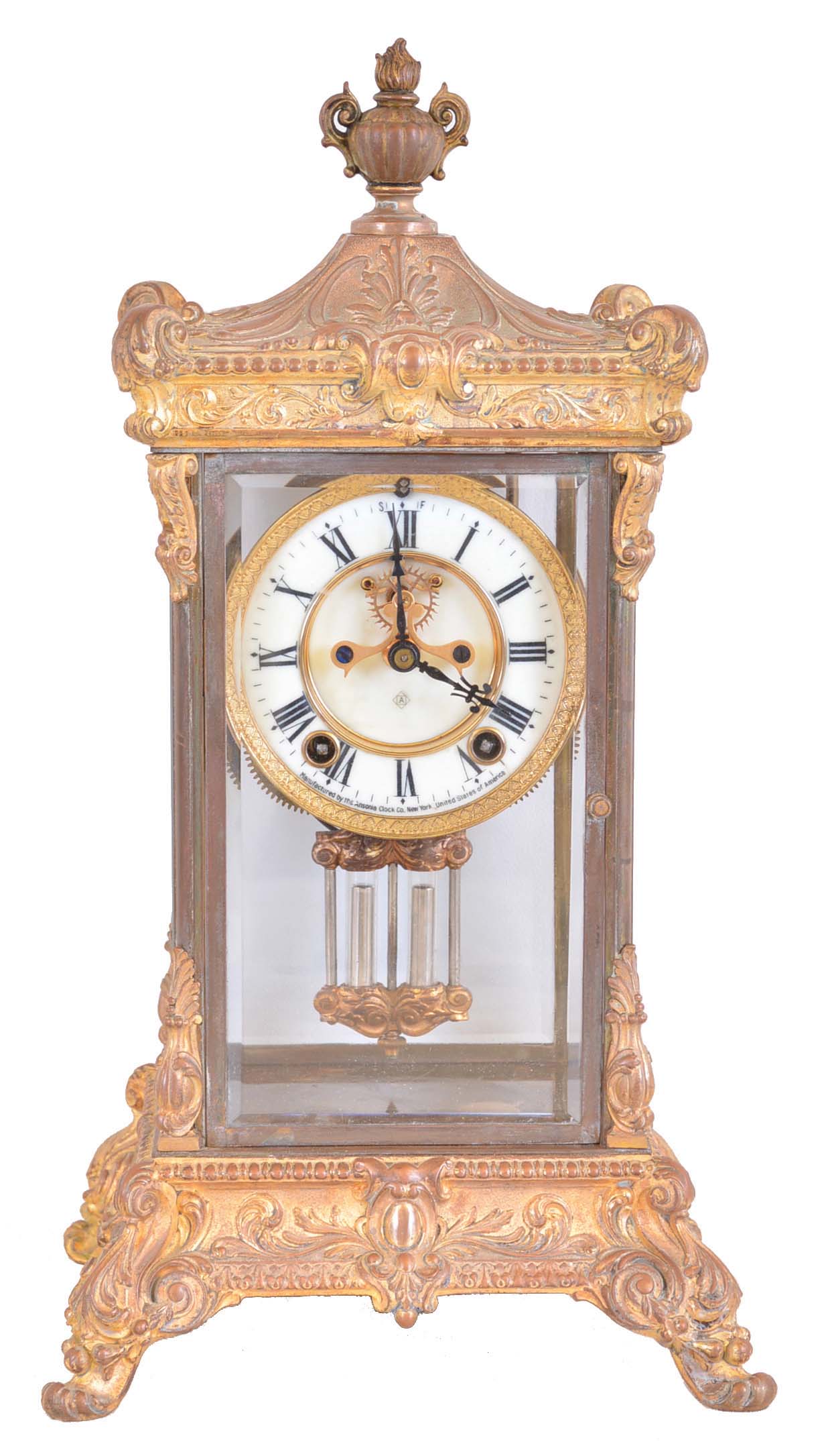 Ansonia Clock Co., New York, NY, "Elysian", 8 day, time and strike spring brass movement crystal regulator. — Antique Clocks Price Guide