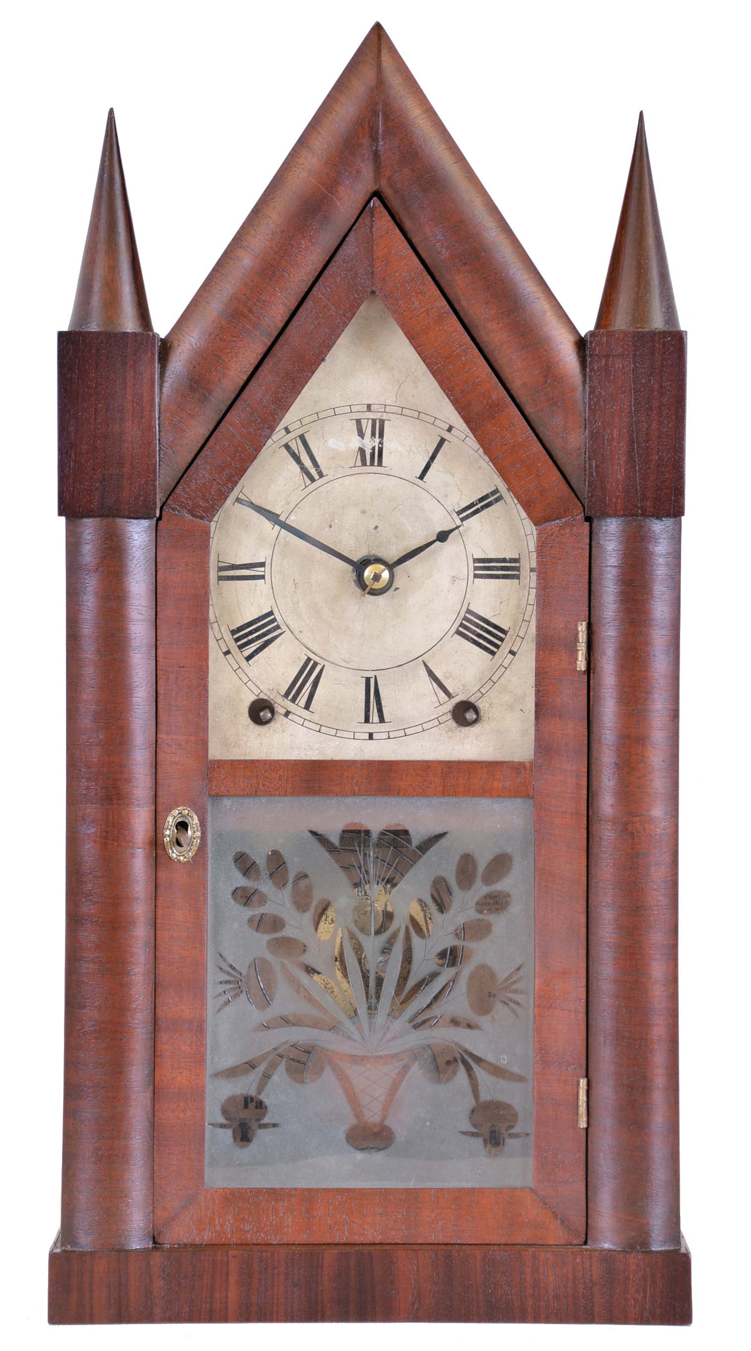 Brewster &amp; Ingrahams, Bristol, Conn., Sharp Gothic or steeple shelf clock with a spring driven 8 day time and strike movement in a mahogany veneered case. — Antique Clocks Price Guide