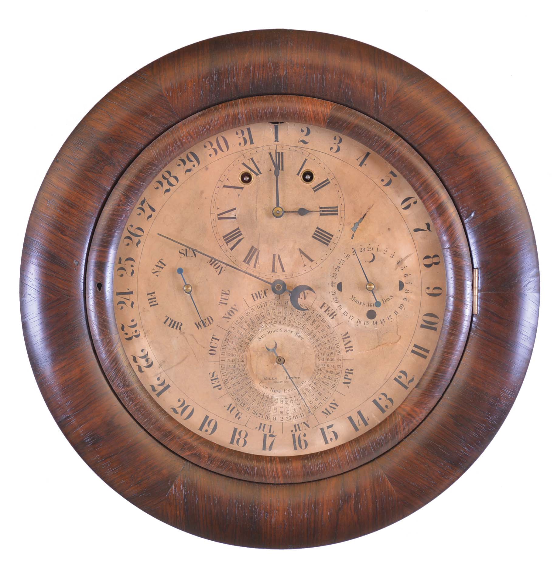 Welch, Spring &amp; Co., Forestville, Conn., 8 day, spring brass lever movement wall clock with Daniel J. Gale's patent model No. 3 calendar. — Antique Clocks Price Guide