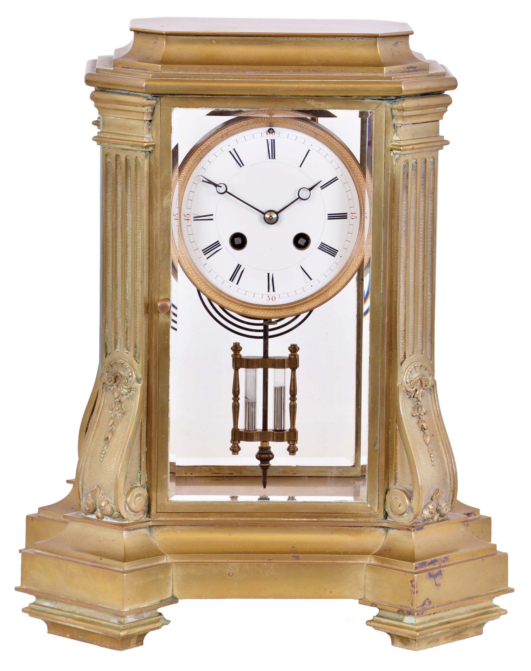 France, for Tiffany &amp; Co., crystal regulator, architectural case with canted corners on a stepped and molded base, the corners decorated with fluted pilasters on inverted corbels, and supporting the stepped, molded top, Roman numeral white enamel dial, blued steel Breguet style hands, 8 day time and strike pendule de Paris movement marked "Tiffany &amp; Co.", with two vial mercury pendulum — Antique Clocks Price Guide