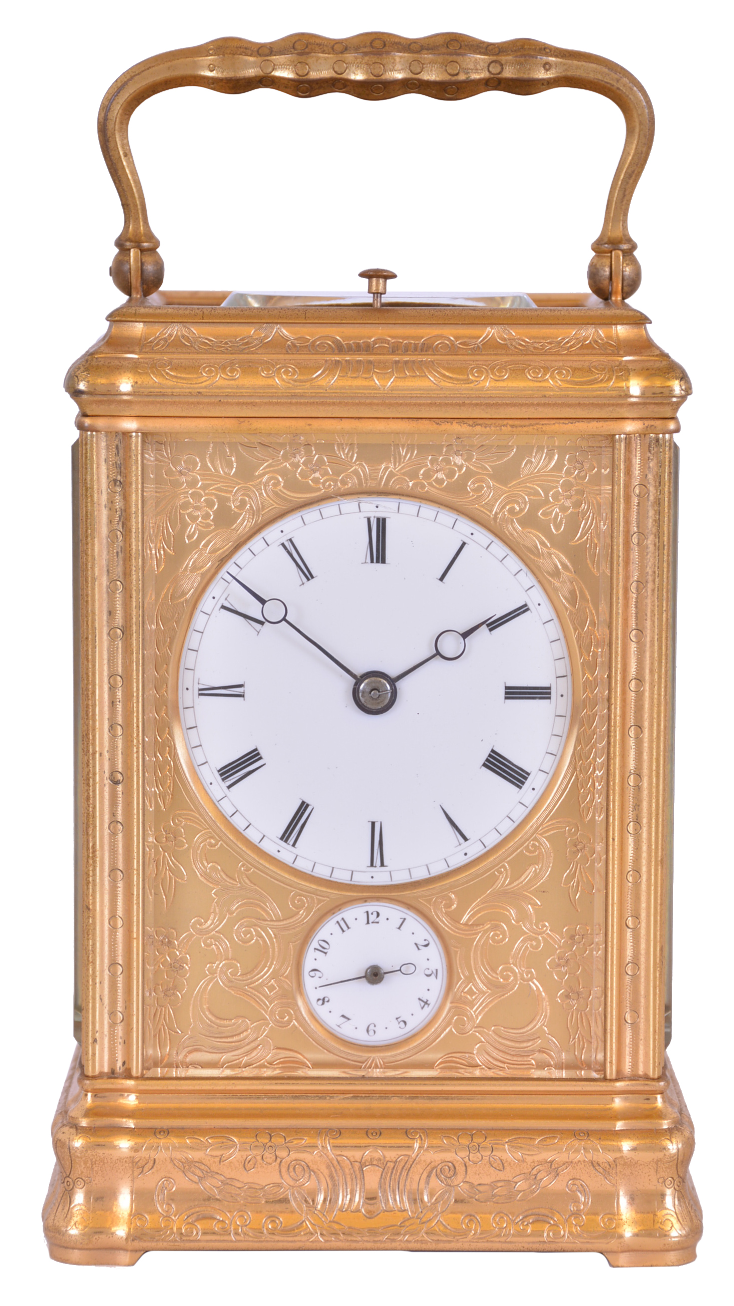 France, hour repeating carriage clock, engraved, gilt Gorge case with beveled glasses, the back door also with engraving and shuttered apertures for winding and setting, white enamel dial with gilt, engraved mask, blued steel Breguet style hands, 8 day time and strike and alarm movement with lever platform, repeating the hours on demand — Antique Clocks Price Guide