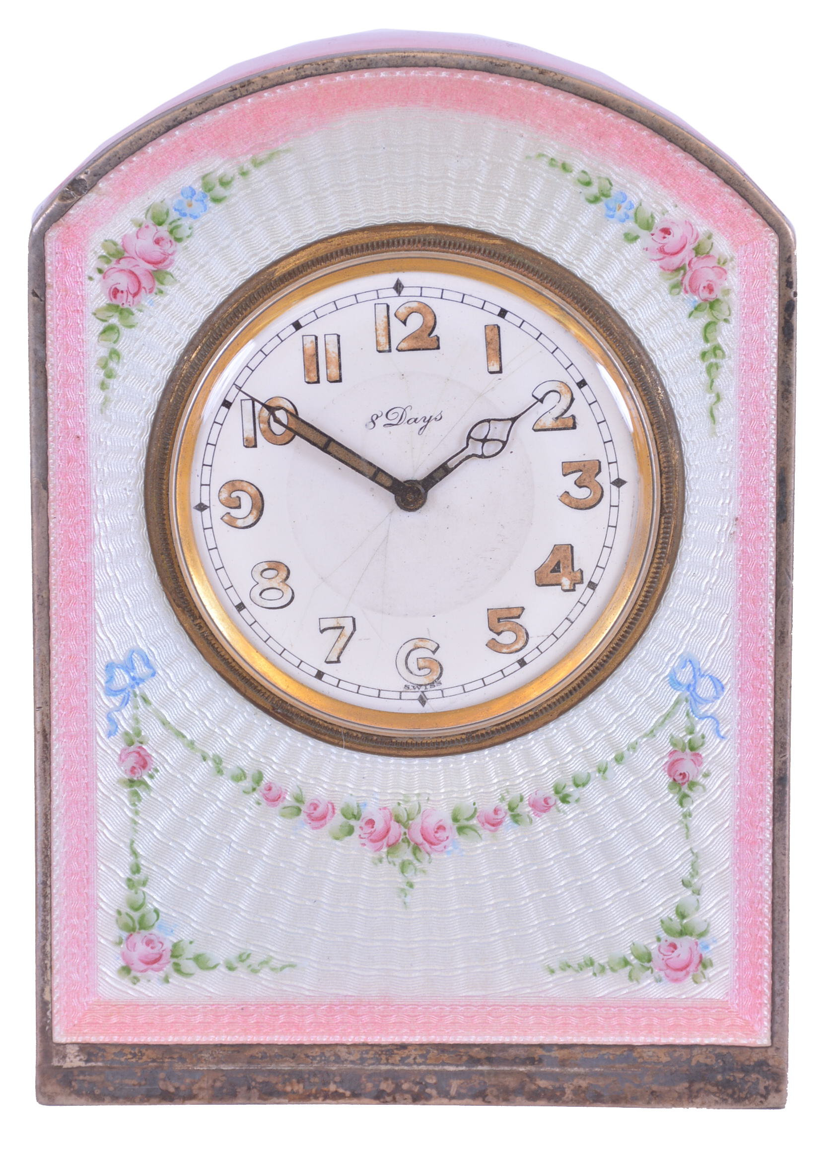 Desk or nightstand clock, silver gilt case with pink and blue guilloche enamel decorated with floral garlands, Arabic numeral white enamel dial with blued steel luminous hands, 8 day Swiss timepiece movement — Antique Clocks Price Guide