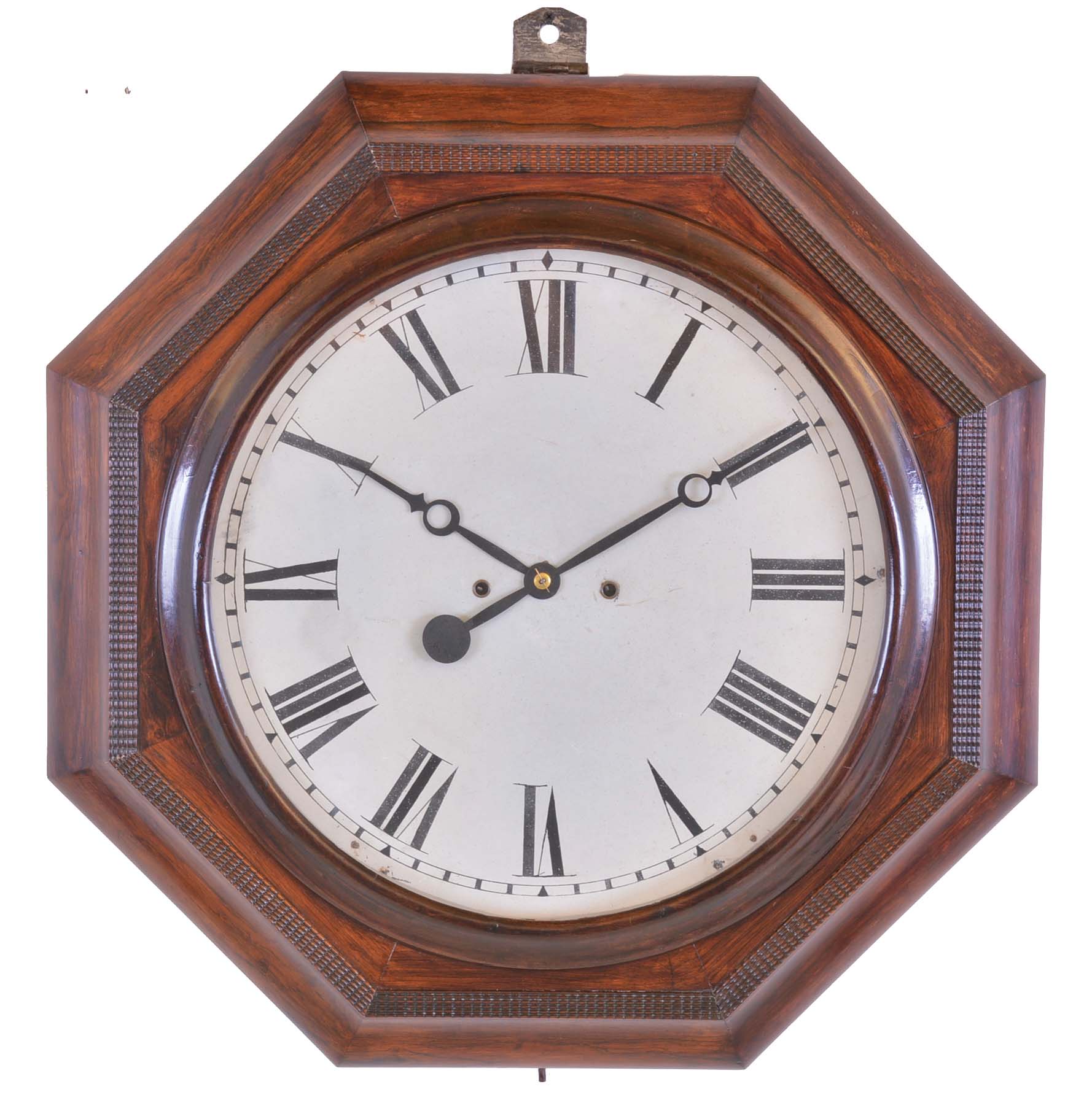 Atkins Clock Co., Bristol, Conn. Gallery wall clock with a spring driven 30 day double fusee timepiece movement in a rosewood veneered case with ripple front molding. — Antique Clocks Price Guide