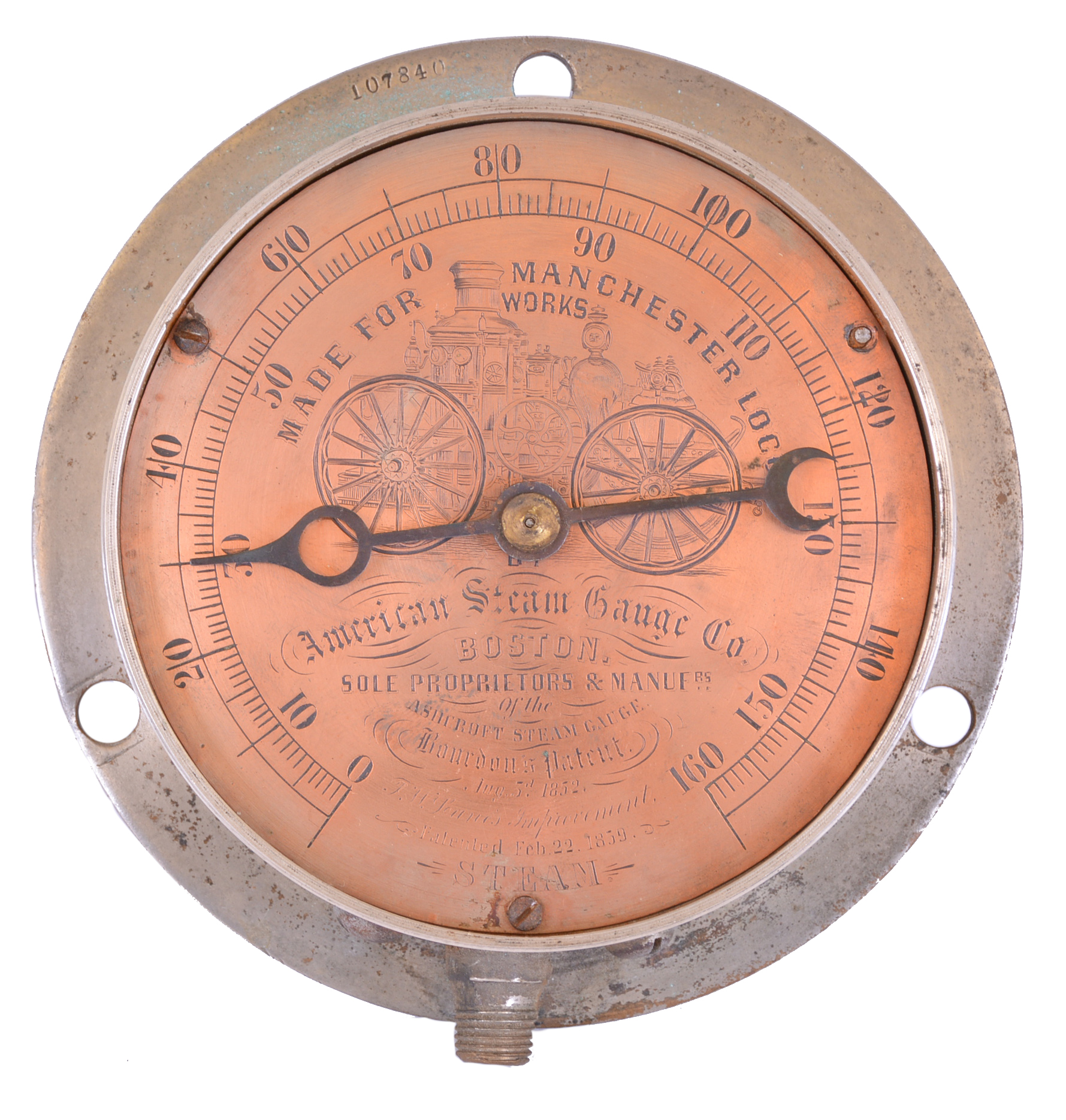 American Steam Gauge Co., Boston, Mass., steam gauge in brass case with 5 1/4" dial picturing an Amoskeag fire engine and engraved "MADE FOR MANCHESTER LOCO WORKS"  and "SOLE PROPRIETORS &amp; MARFRS of the ASHCROFT STEAM GAUGE Bourdon's Patent. Aug. 3d. 1852.T.W. Lane's Improvement Patented Feb. 22 1859." — Antique Clocks Price Guide