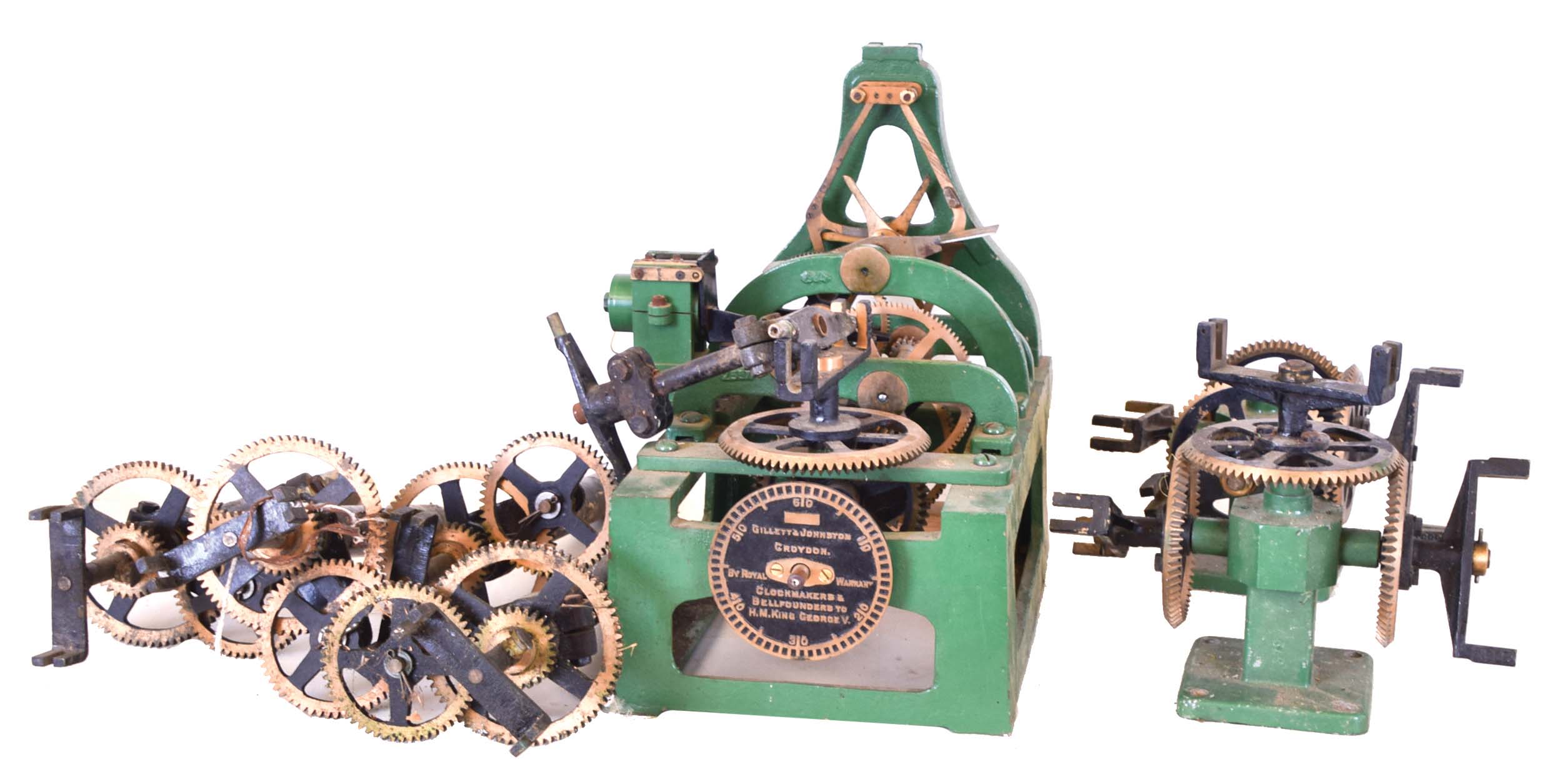 Gillett &amp; Johnston, Croyden, English small tower clock movement, single- train time- only double- three- legged gravity escapement, c1920 — Antique Clocks Price Guide