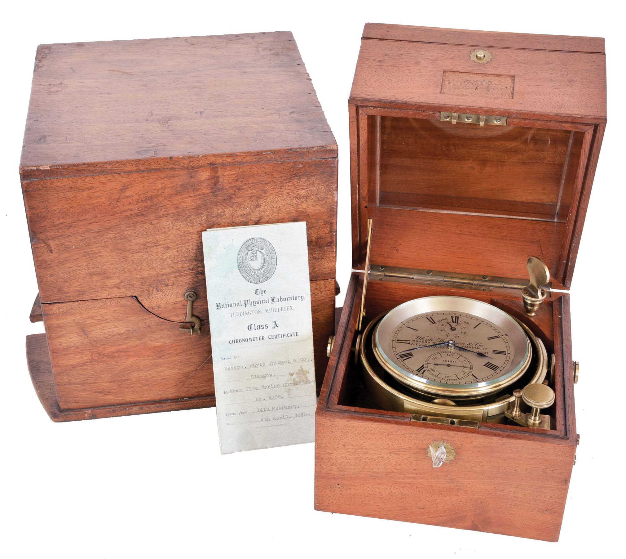 Whyte, Thomson &amp; Co., Glasgow, Scotland, two day marine chronometer with boxes and certificate, the fusee movement with spotted plates, Z balance, helical balance spring, and spring detent, Roman numeral silvered dial with wind indicator, blued steel spade and poker hands, two tier mahogany box with gimballed tub and brass hardware, all contained in an outer mahogany box, serial #9089, with Class A Chronometer Certificate from the National Physical Laboratory at Teddington, [England} dated 1930 — Antique Clocks Price Guide