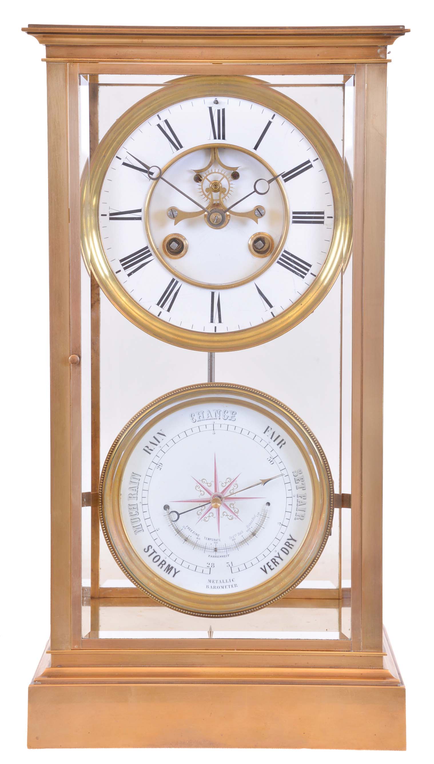 France, a large crystal regulator with barometer, gilt brass case with beveled glasses, Roman numeral white enamel dial with with exposed Brocot escapement and blued steel Breguet style hands, barometer also with enamel dial, 8 day time and strike pendule de Paris movement with two vial mercury pendulum — Antique Clocks Price Guide