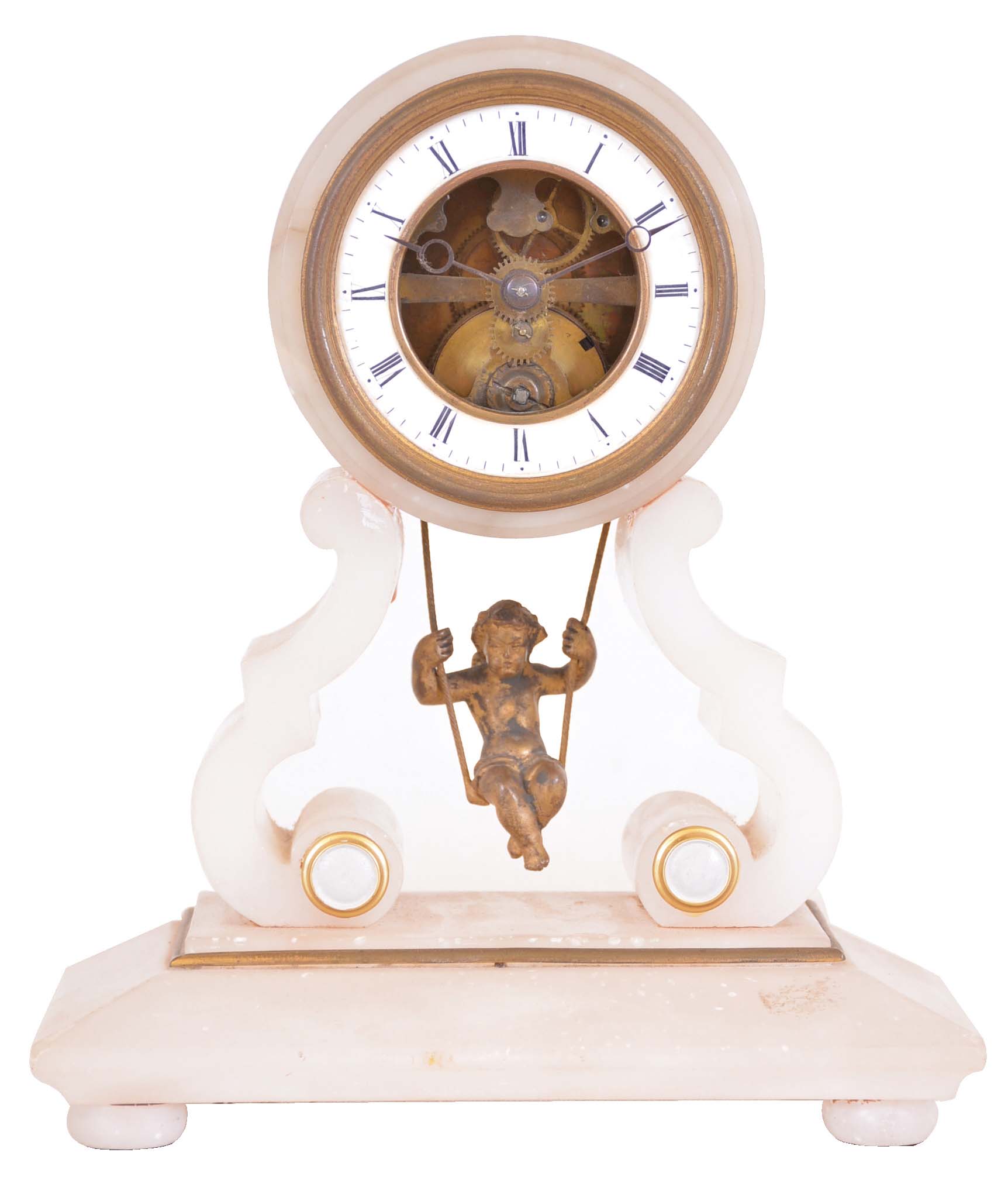 French, 8 day, spring brass movement alabaster case swinging doll pendulum mantel timepiece. Movement is marked Chapement Brevet #58849 — Antique Clocks Price Guide
