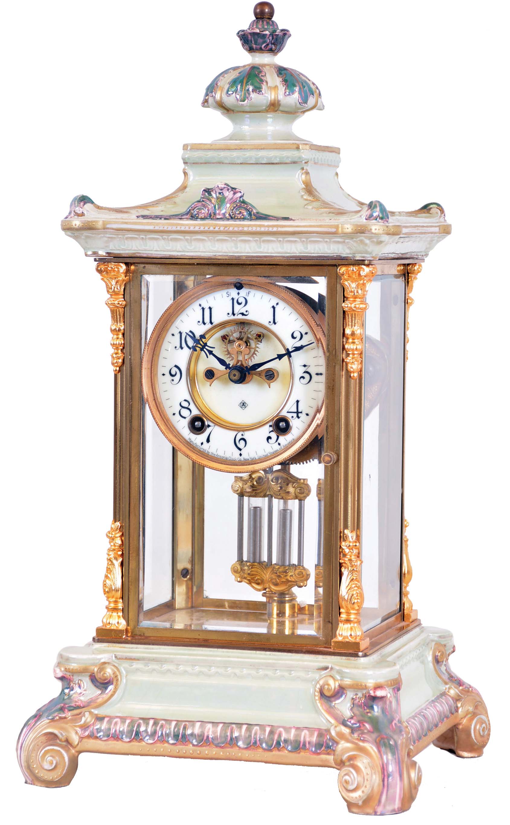 Ansonia Clock Co., New York, NY, "Porcelain Regulator No. 2", 8 day, time and strike crystal regulator mantel clock. — Antique Clocks Price Guide