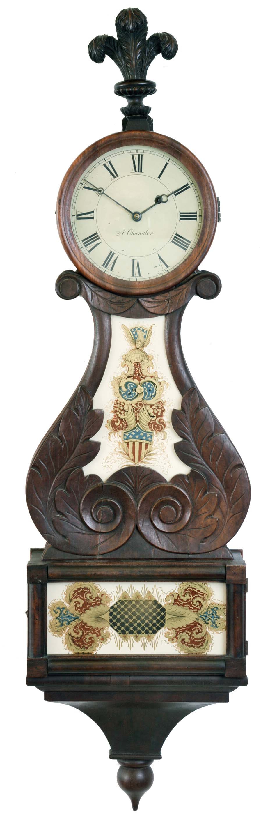 Lyre clock, carved mahogany case with reverse painted glasses, case bottom with incurved bracket and turned drop, and top with carved Prince of Wales feather finial, Roman numeral painted dial signed "A. Chandler", 8 day timepiece movement with diagonally opposed mounting tabs, cast iron weight — Antique Clocks Price Guide