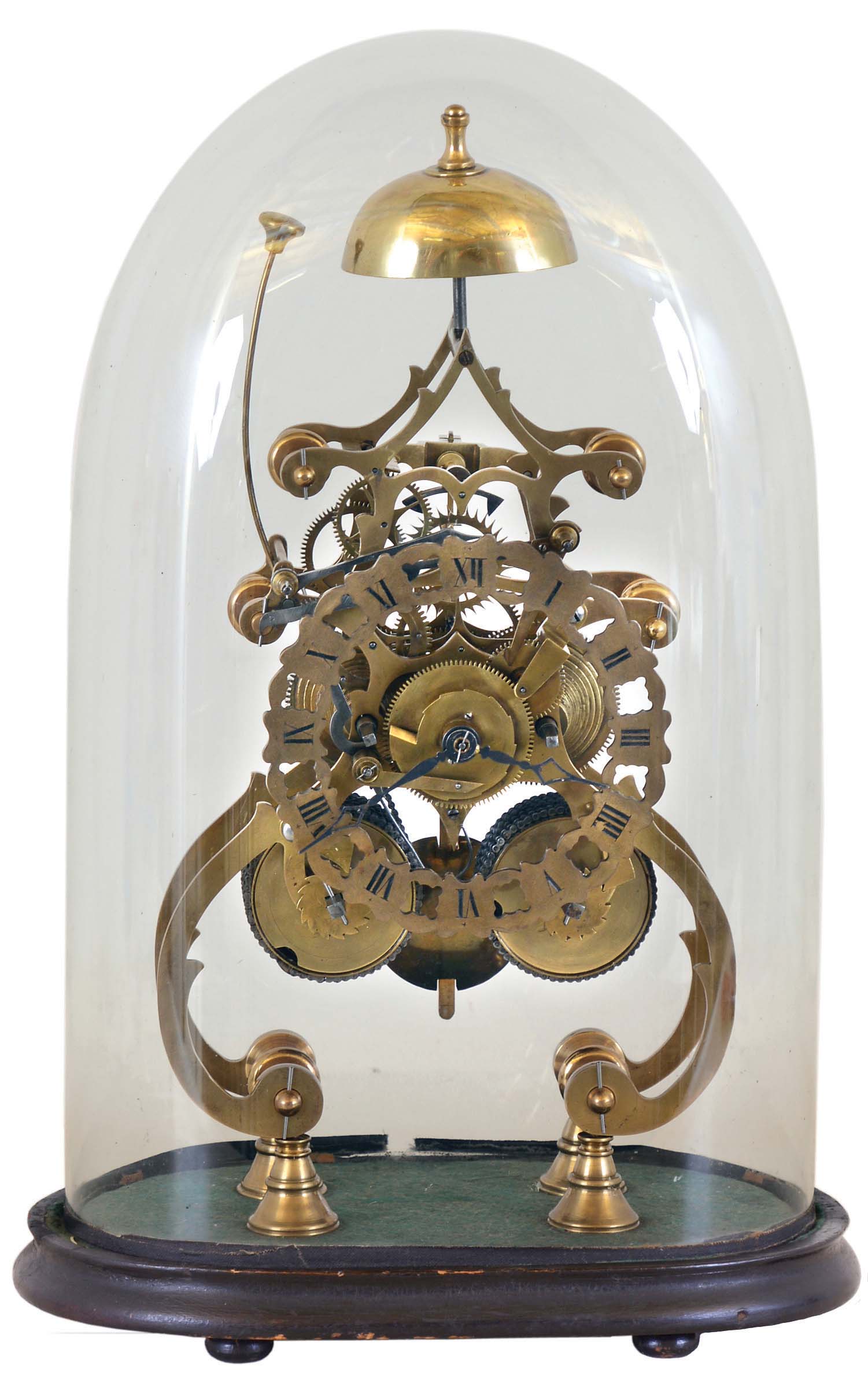 England, skeleton clock, the two train, 8 day time and strike fusee movement contained between two nicely pierced and scroll sawn brass plates, decorative pillars with large central knop, pierced Roman numeral dial and blued steel hands, all on bell form feet fixed to an ebonized base with glass shade, 19th century — Antique Clocks Price Guide
