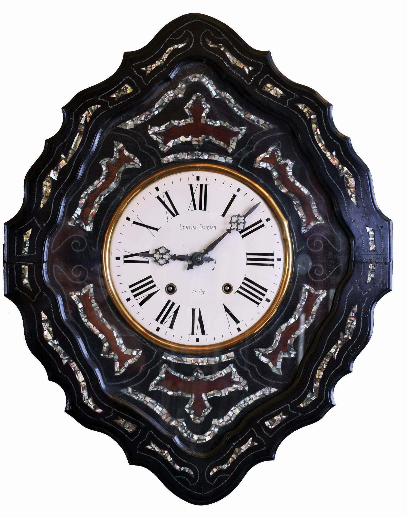 French Morbier 8 day time and strike ebonized wood bakery wall clock, dial signed Cortial- Faugier, LePuy — Antique Clocks Price Guide
