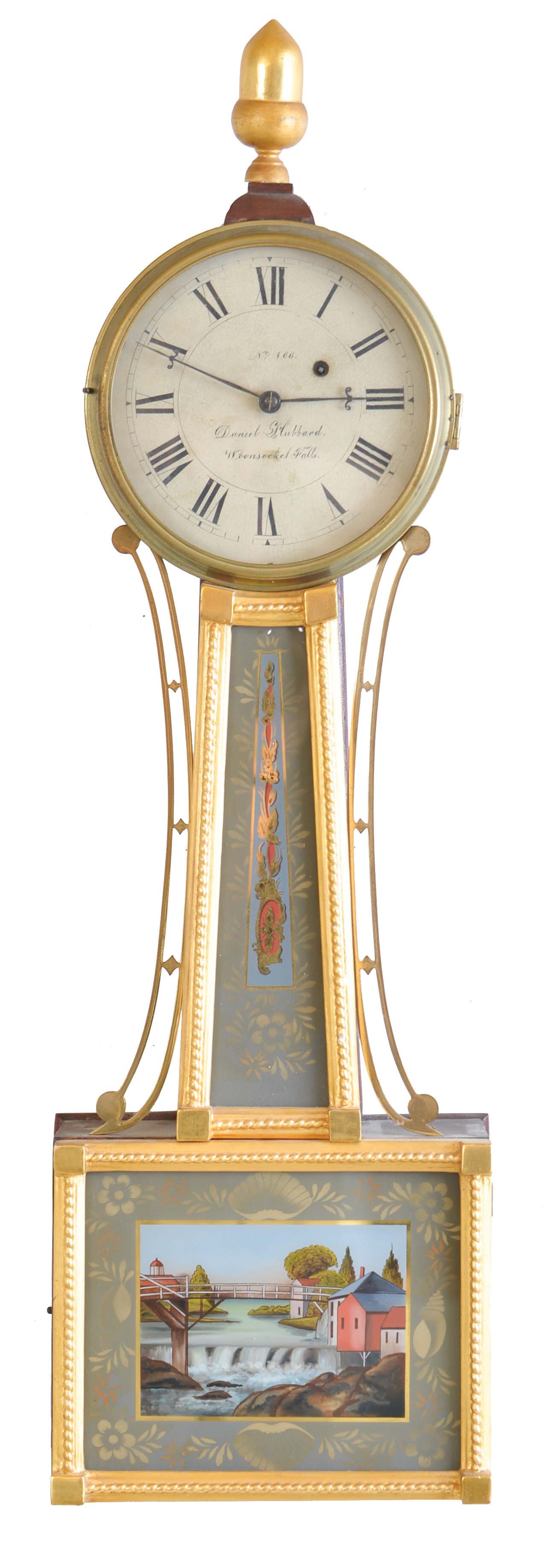 Daniel Hubbard, Woonsocket Falls, Rhode Island, 8 day, weight brass Patent or Banjo wall timepiece. Dial is numbered "166" — Antique Clocks Price Guide