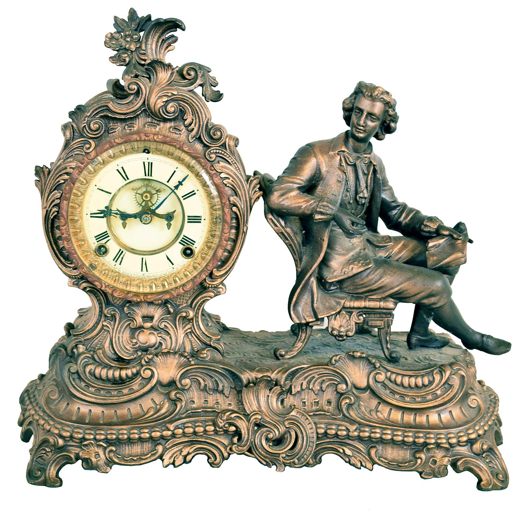 Clocks- 3 (Three): (1) Ansonia Clock Co., New York, NY. "Composer", 8 day, time and strike spring brass movement figural mantel clock, c1904 (2) Waterbury Clock Co., Waterbury, Conn., 30 hour, time and strike spring brass movement Sharp Gothic or Steeple clock, c1870 (3) Seth Thomas Clock Co., Thomaston, Conn., 8 day, spring brass movement drop octagon wall timepiece, c1910 — Antique Clocks Price Guide