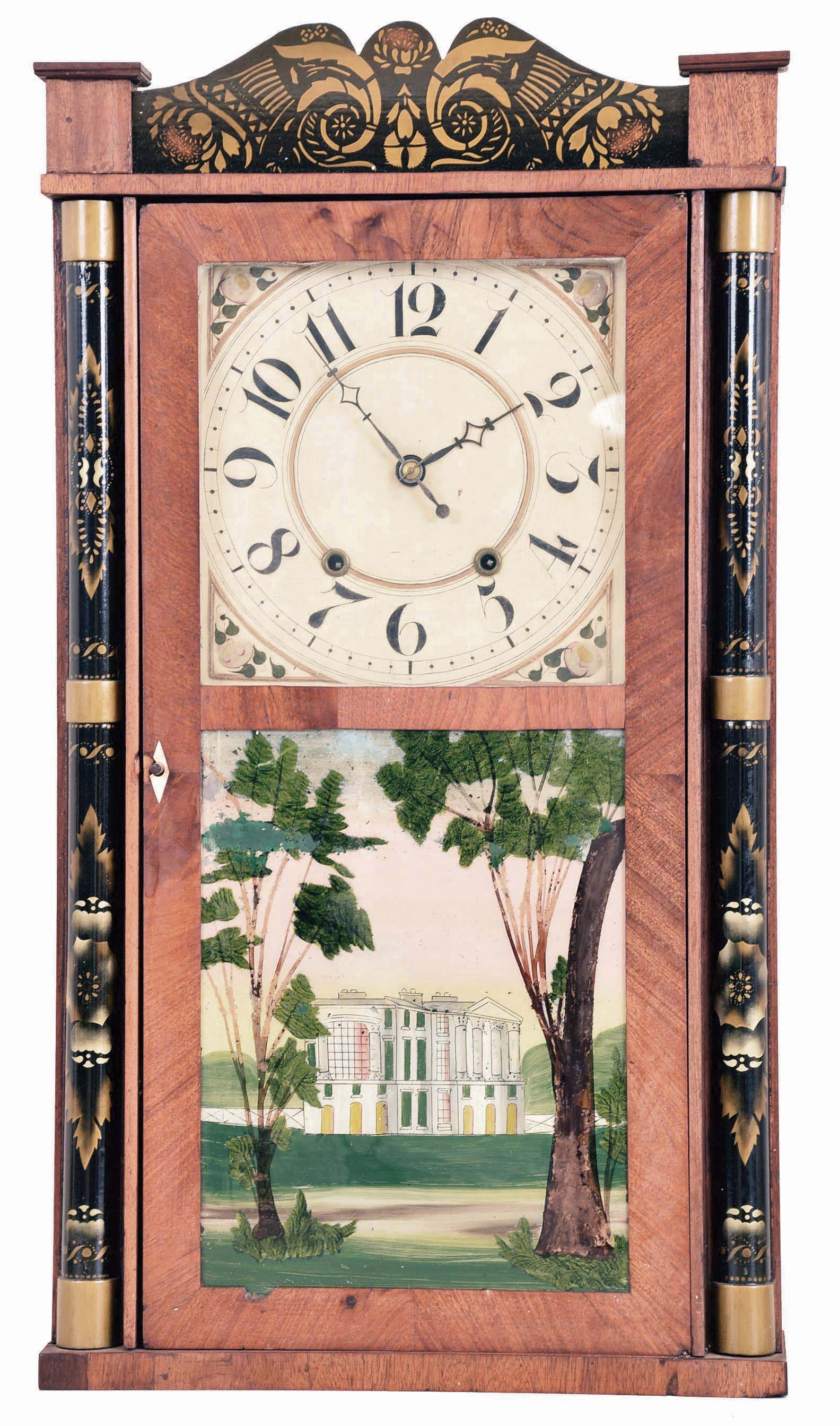 Silas Hoadley, Plymouth, Conn., 30 hour, time and strike weight wood movement half column &amp; splat shelf clock. — Antique Clocks Price Guide