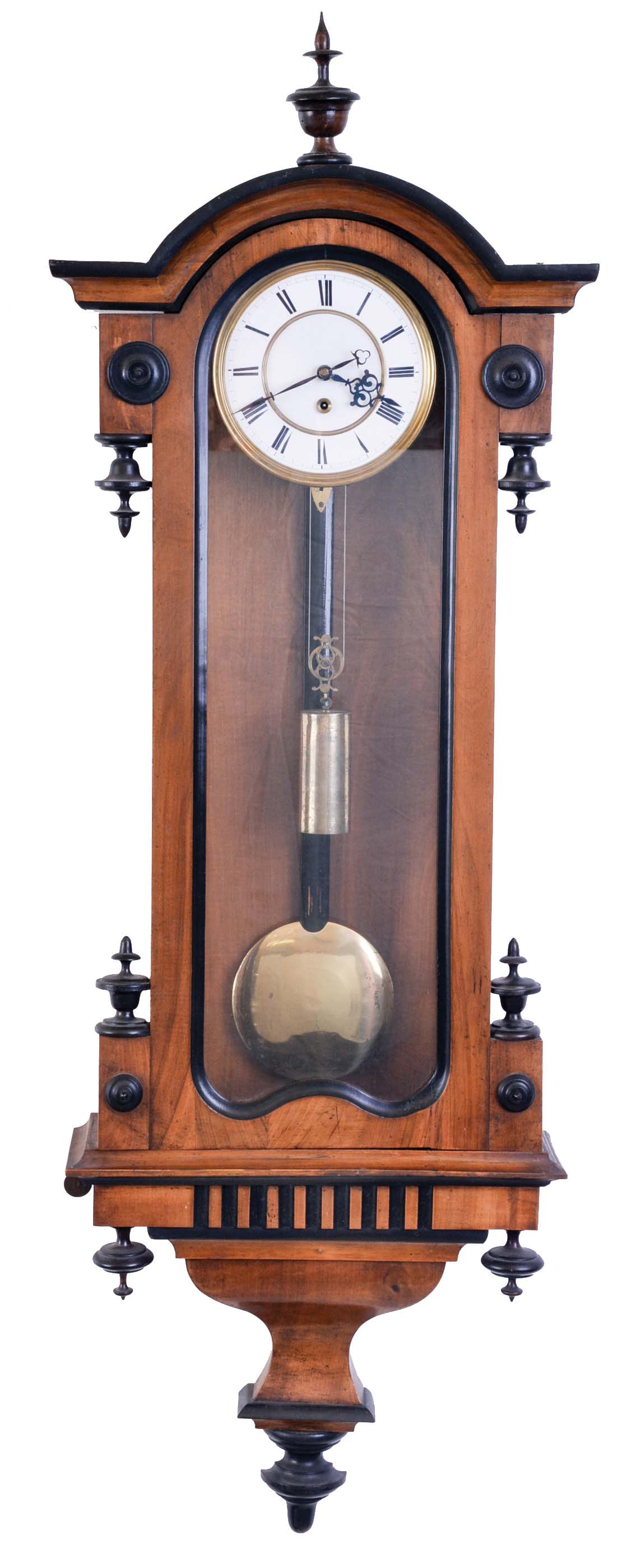 Austria, hanging regulator, walnut case with ebonized moldings, drops, and finial, Roman numeral, two piece white enamel dial, blued steel hands, 8 day timepiece movement with dead beat escapement, brass pendulum with wooden rod, and brass weight — Antique Clocks Price Guide