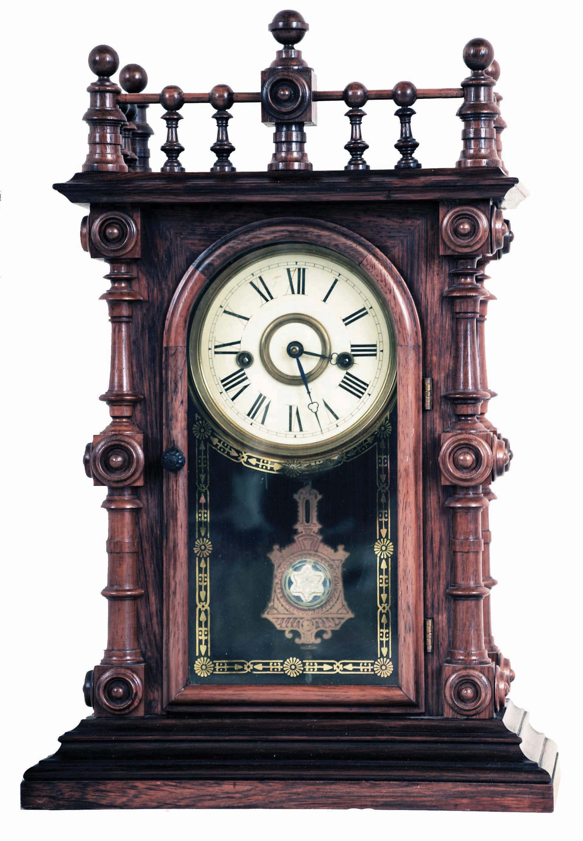 Welch, Spring &amp; Co., Forestville, Conn., "Gerster, V.P.", 8 day, time and strike spring brass movement shelf clock. — Antique Clocks Price Guide