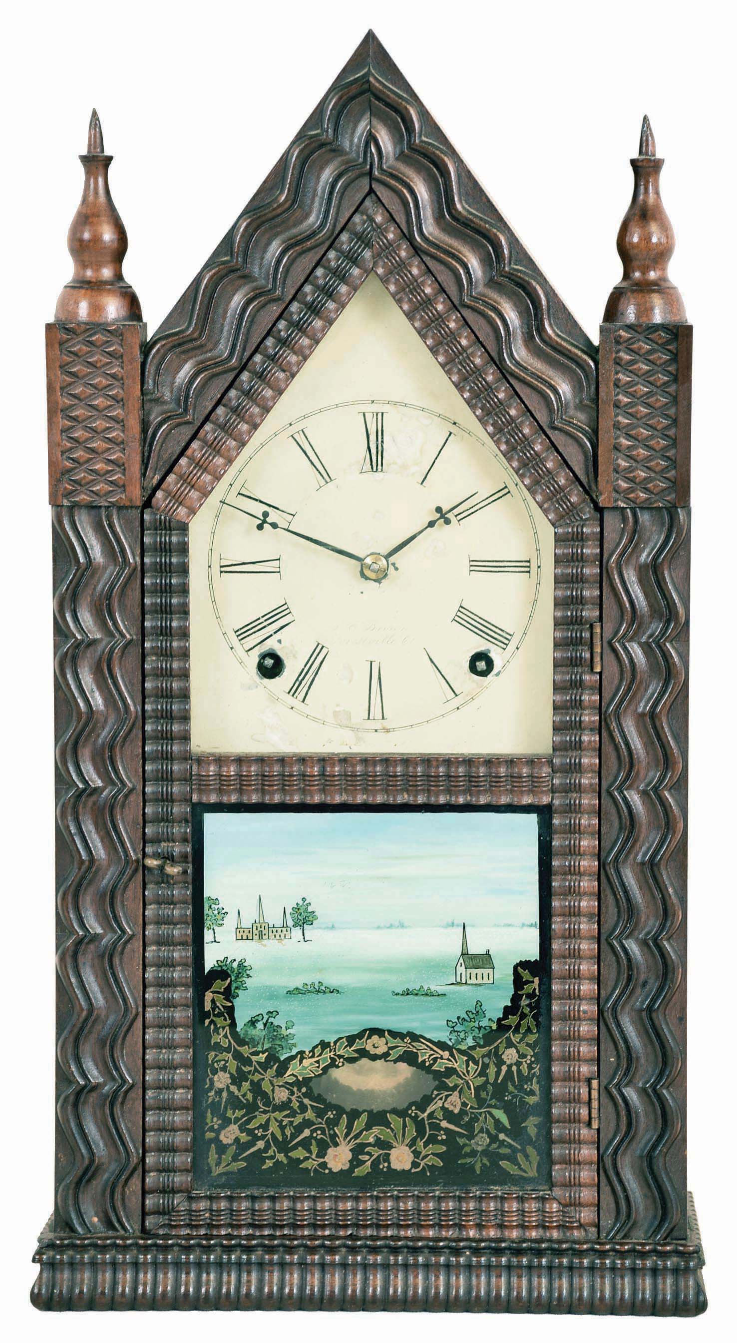 Forestville Manufacturing Co. (J. C. Brown). Bristol, Connecticut, 8 day brass time &amp; strike movement in ripple front sharp Gothic or "steeple" clock. — Antique Clocks Price Guide