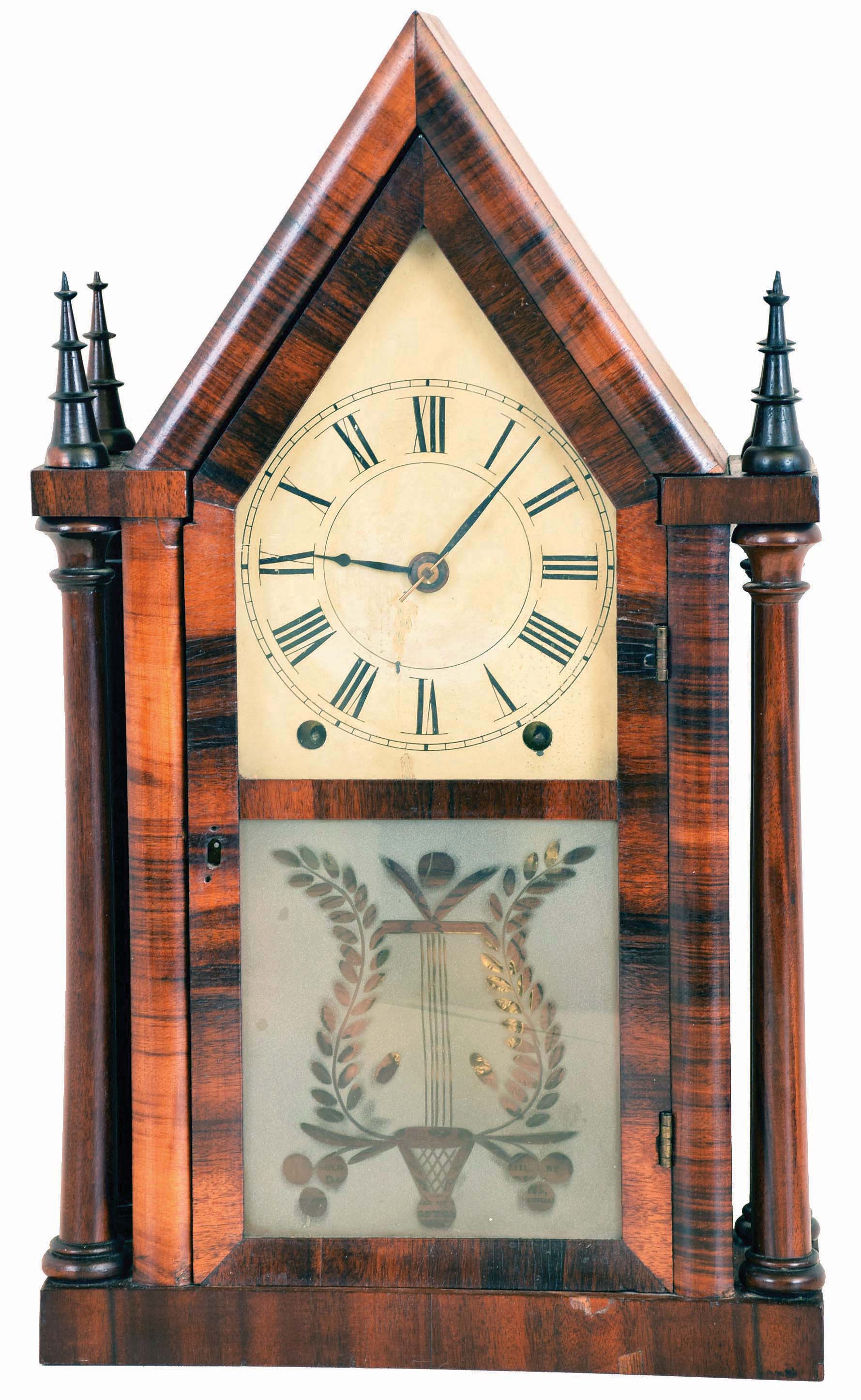 Daniel Pratt &amp; Sons, Boston, Mass, (Brewster &amp; Ingrahams) 8 day, time and strike spring brass movement 4- column Sharp Gothic or Steeple clock. — Antique Clocks Price Guide