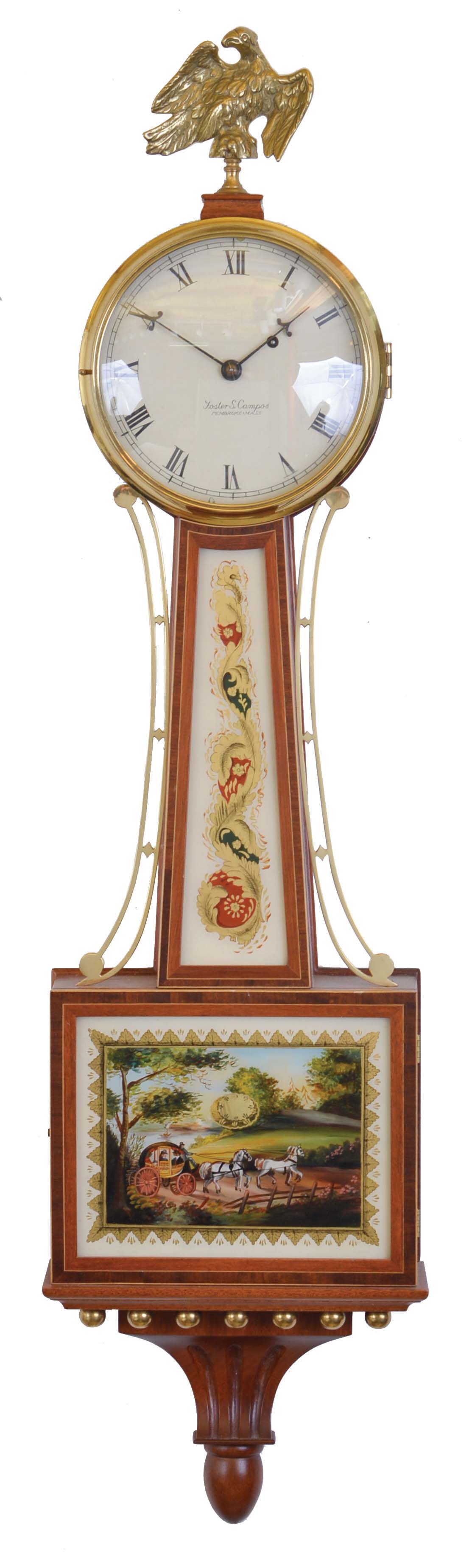 Foster Campos, Pembroke, Mass., 8 day, time and strike weight brass movement cross- banded mahogany case Patent or Banjo timepiece, numbered 11. — Antique Clocks Price Guide