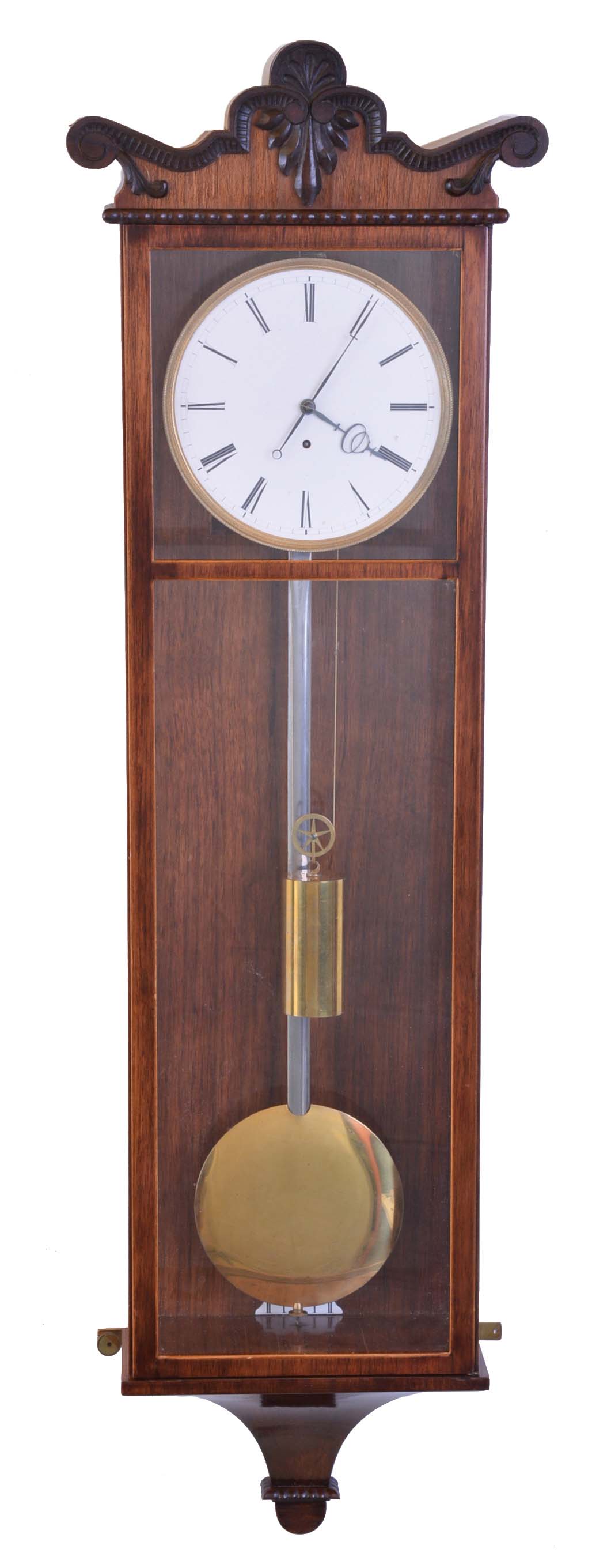 Austria, hanging regulator in the Biedermeier style, six light rosewood veneered case with contrasting banding and carved top trim, one piece Roman numeral porcelain enamel dial with fine cast &amp; gilt bezel, finely cut blued steel hands, 8 day timepiece movement, brass pendulum with steel rod, and brass weight — Antique Clocks Price Guide