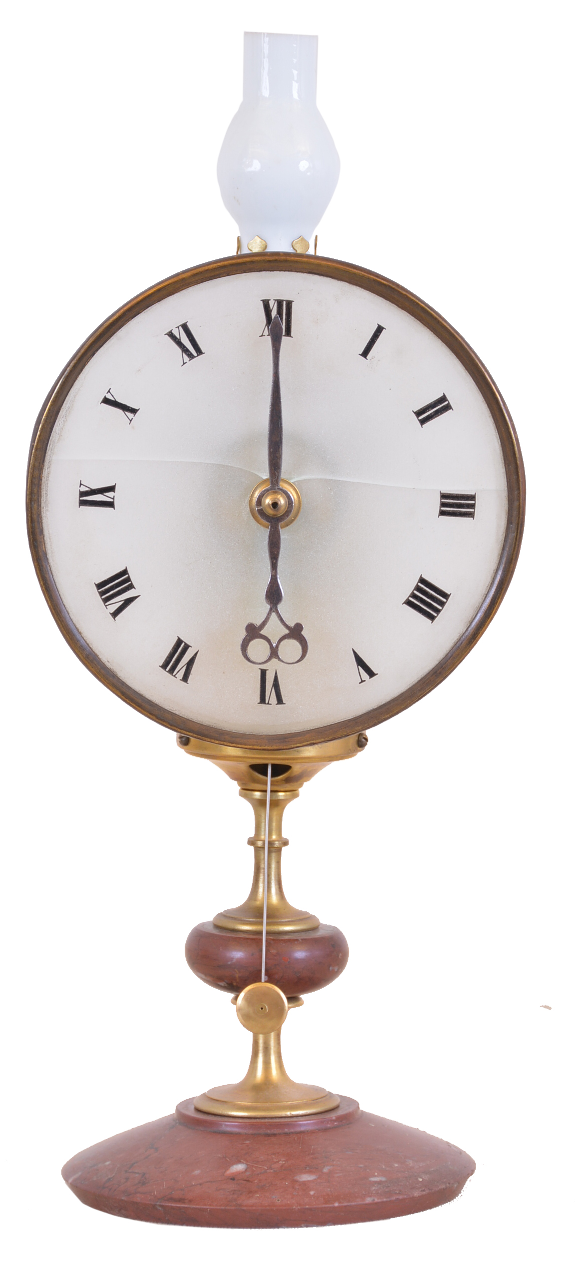 France or Germany, night clock, the timepiece with red marble base and turned brass stand, Roman numeral frosted glass dial, 30 hour movement with one hand, and a small lamp, which illuminates the dial — Antique Clocks Price Guide