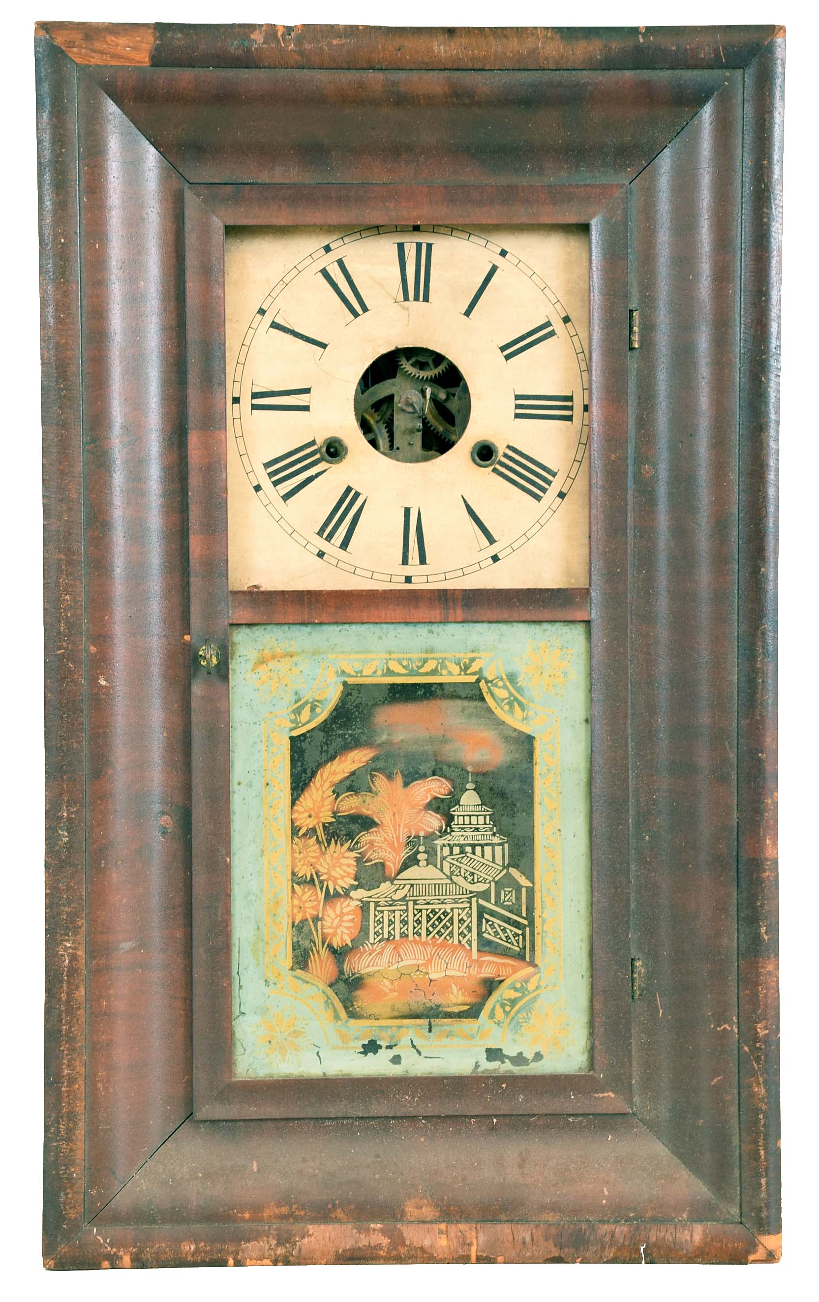 Clocks- 5 (Five) (1) Charles Stratton, Worcester, Mass. OG shelf clock with a 30 hour weight driven time and strike wooden works movement. label dated1841. (2) Elisha Manross, Bristol, Conn., OOG shelf clock with a 30 hour spring driven time and strike brass movement, c1850. (3) Chauncey Jerome, New Haven, Conn., OOG shelf clock with an 8 day weight driven time and strike brass movement, c1850. (4) Chauncey Jerome, New Haven, Conn., OG shelf clock with an 8 day weight driven time and strike brass movement, c1850. (5) Clarke, Gilbert &amp; Co., Winchester, Conn. OG shelf clock with a 30 hour weight driven time, strike and internal alarm brass movement, c1845. — Antique Clocks Price Guide