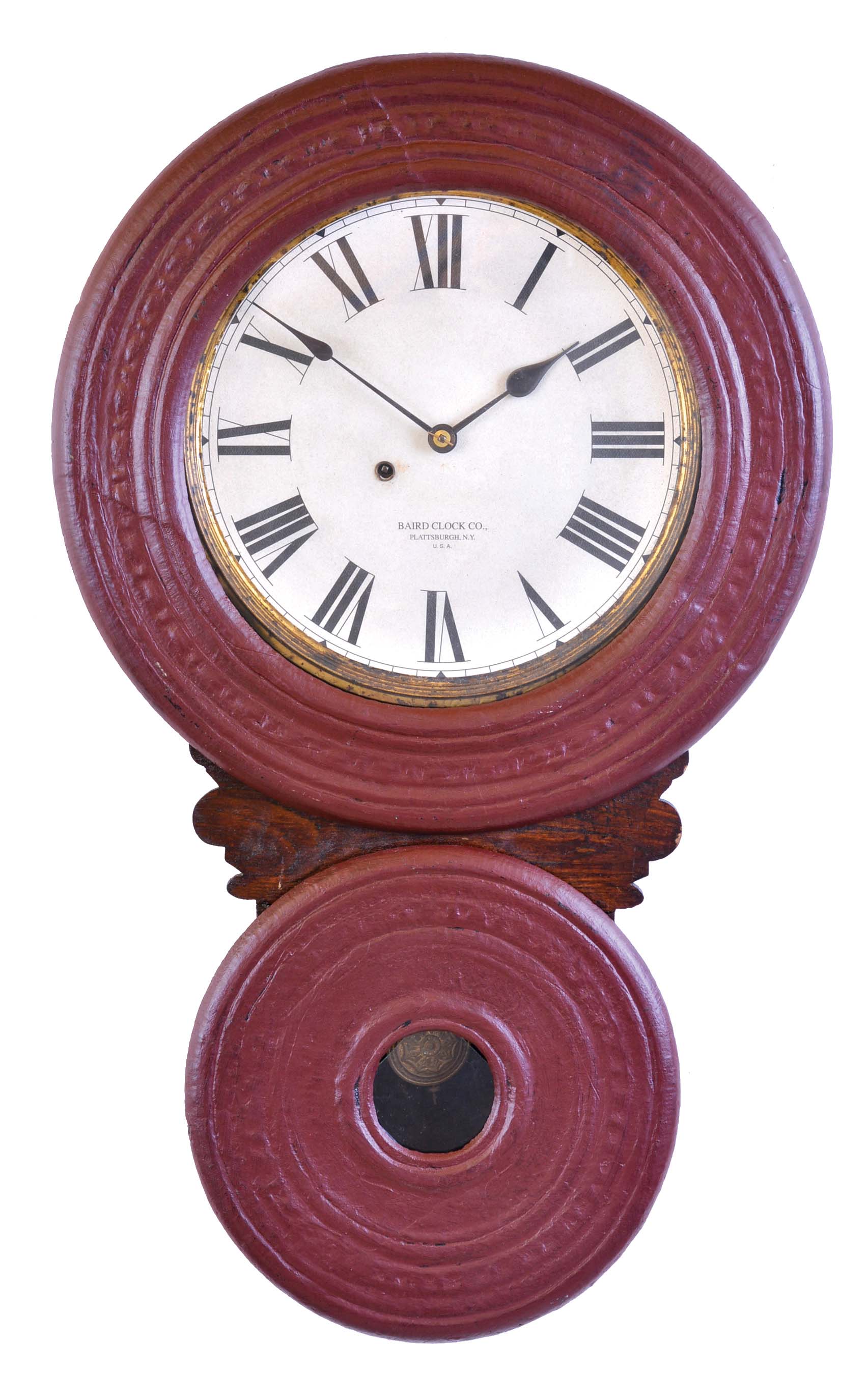 Baird Clock, Co., Plattsburgh, NY, "Saranac" advertising 8 day, time only, spring driven movement in soft wood case with painted paper mache door fronts and paper over metal dial, c1890 — Antique Clocks Price Guide