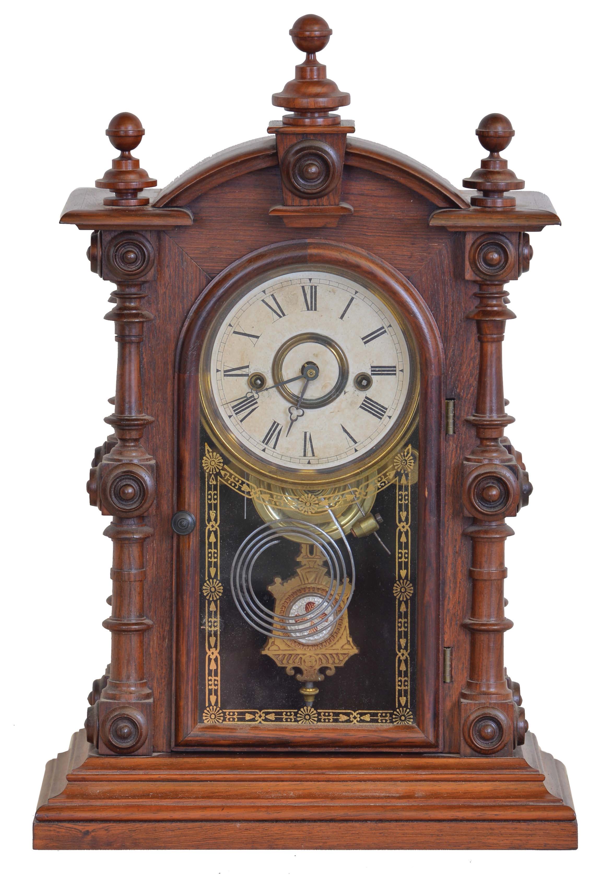 Welch, Spring &amp; Co., Forestville, Conn., "Patti No. 1" shelf clock with a spring driven 8 day time and half hour strike movement in a rosewood case. — Antique Clocks Price Guide