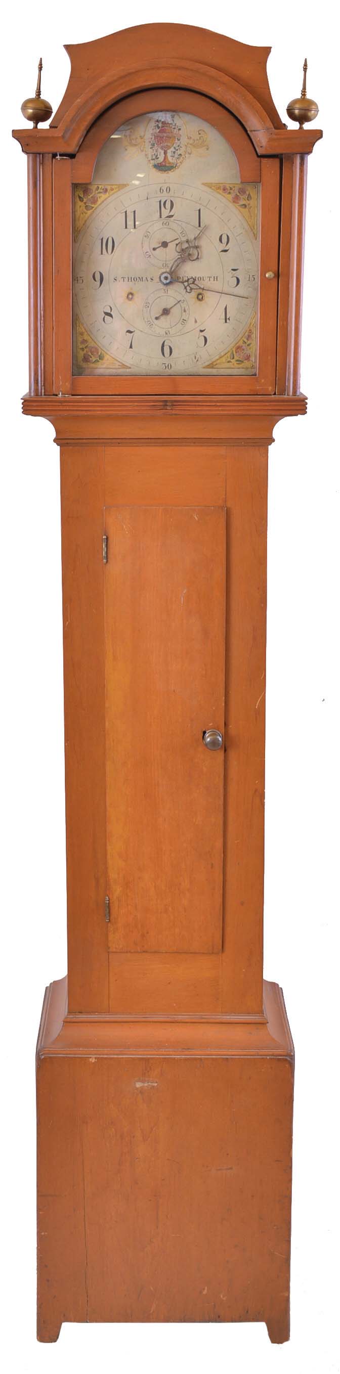 Seth Thomas Clock Co., Plymouth Hollow,Conn, tall clock, 30 hour, time and strike, weight driven, wooden works movement in a pine case with two brass finials and painted wooden dial with calendar — Antique Clocks Price Guide