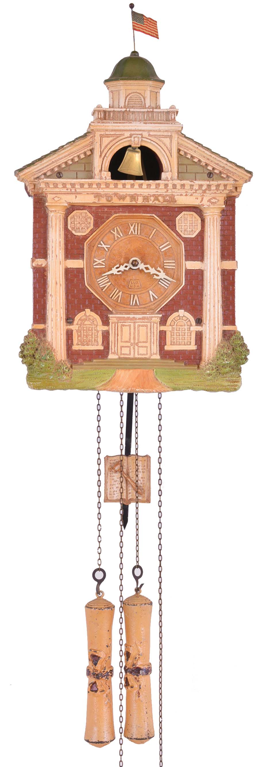 Lux "Town Hall" model, architectural case with Roman numeral dial and with bell in the tower, which swings as the clock strikes, 8 day weight powered time and strike movement, with scroll form weights, book and gavel pendulum, original label, and instruction sheet — Antique Clocks Price Guide