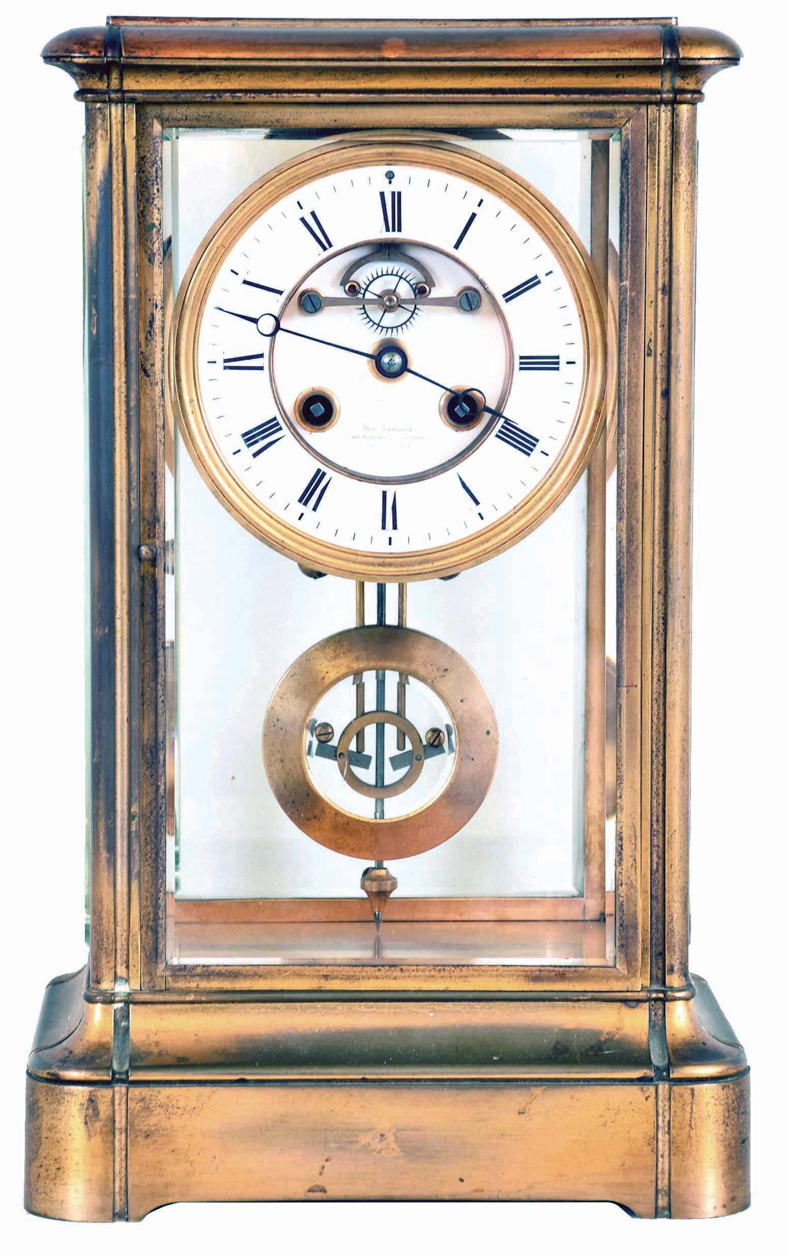 French, 8 day, time and strike spring brass movement crystal regulator with compensating pendulum. Dial is signed "Gve Sandoz, Palais Royal" — Antique Clocks Price Guide