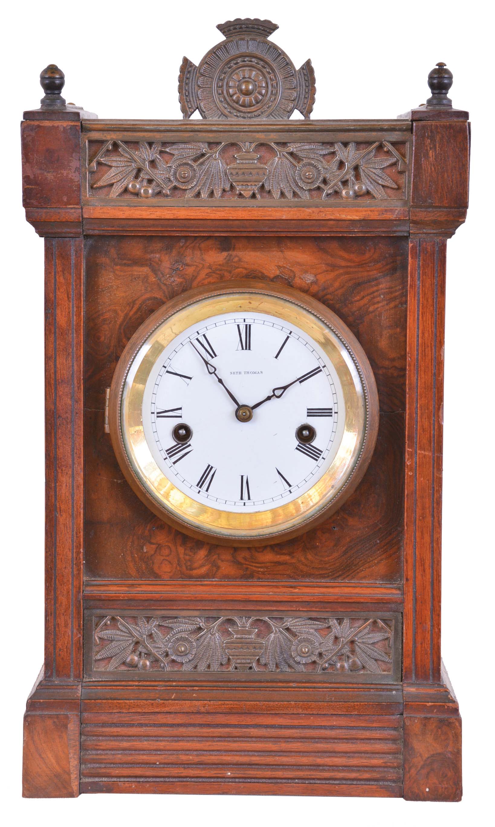 Seth Thomas Clock Co., Thomaston, Conn., "Austin", city series mantel clock in walnut, with Roman numeral white enamel dial, and 8 day time and strike movement — Antique Clocks Price Guide