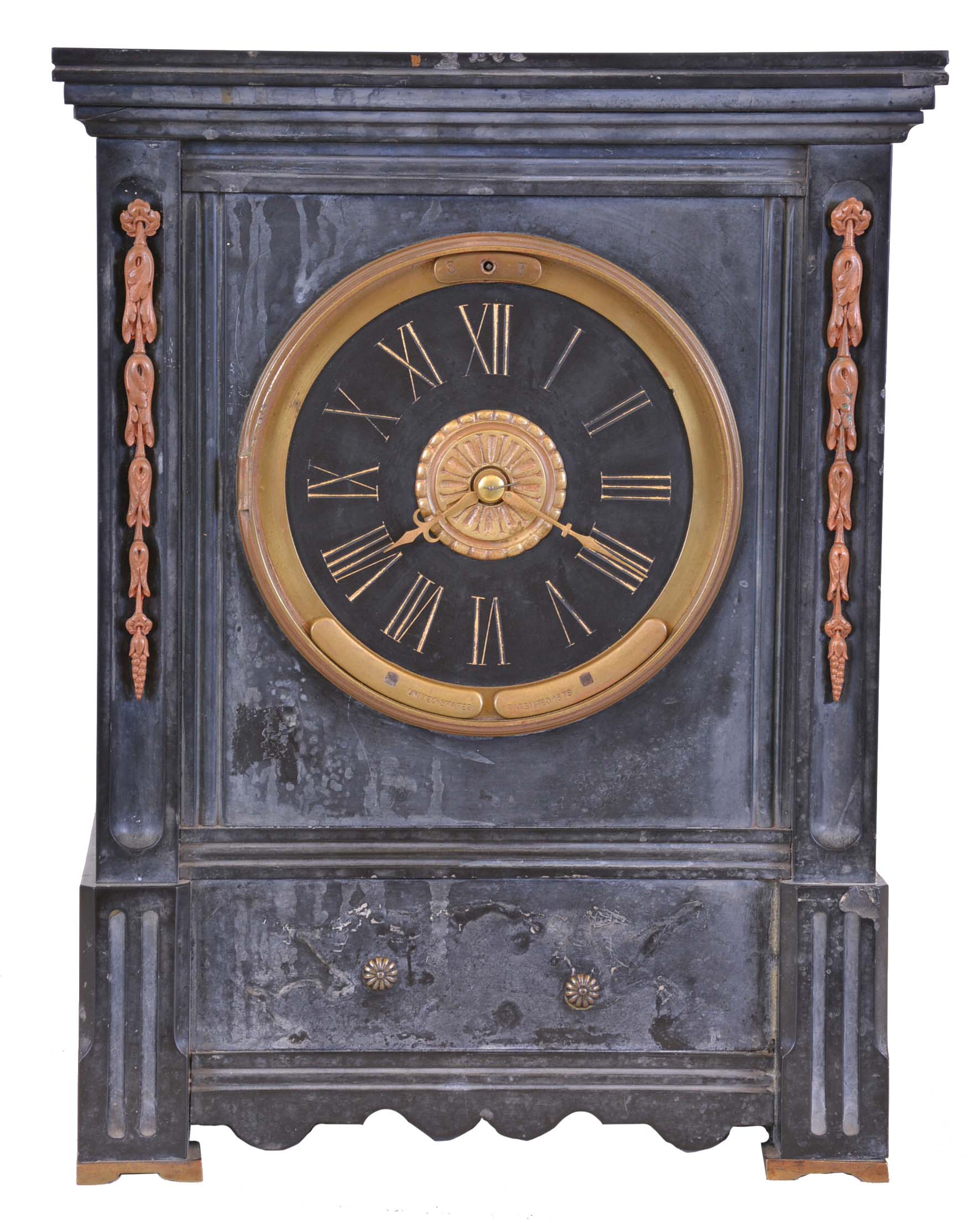 France, black slate mantel clock with Maxant patent winding, rectilinear case with brass feet and applied brass ornament, Roman numeral slate dial, gilt hands, 8 day time and strike pendule de Paris movement — Antique Clocks Price Guide