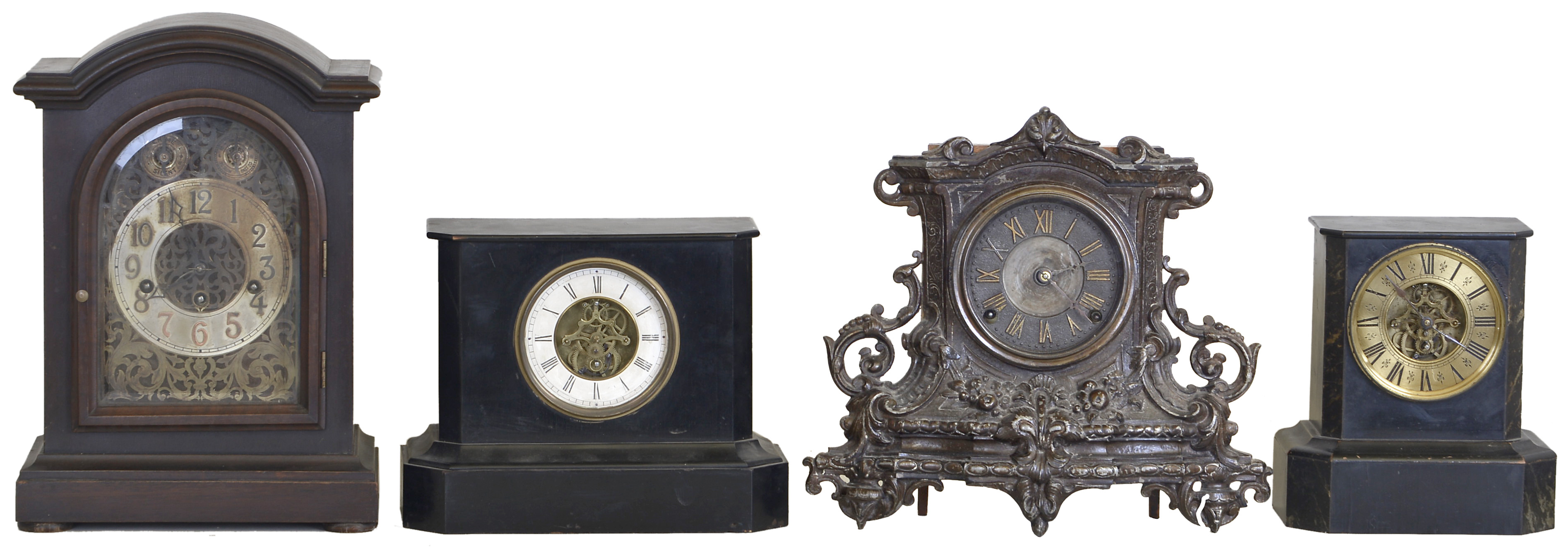 Clocks- 4 (Four): (1) French, 8 day, spring brass movement mantel clock, c1890 (2) Nicholas Muller, New York, 8 day, time and strike spring brass movement cast spelter front mantel clock, c1874 (3) French, 8 day, spring brass movement mantel clock, c1890 (4) German, Junghans, 8 day, time and strike spring brass movement Westminster chime mantel clock, c1900 — Antique Clocks Price Guide